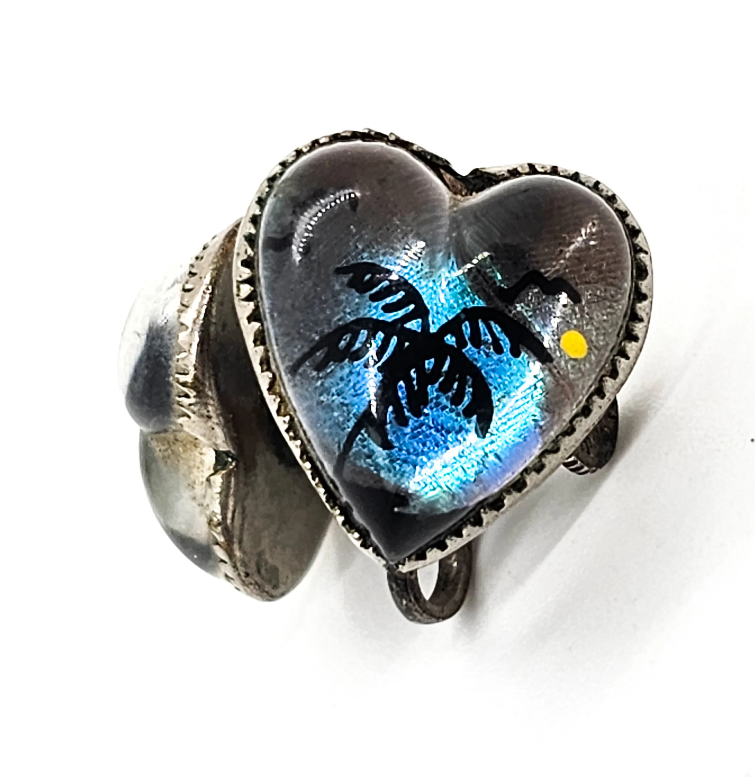 Butterfly wing palm tree beach vintage sterling silver screw back heart earrings