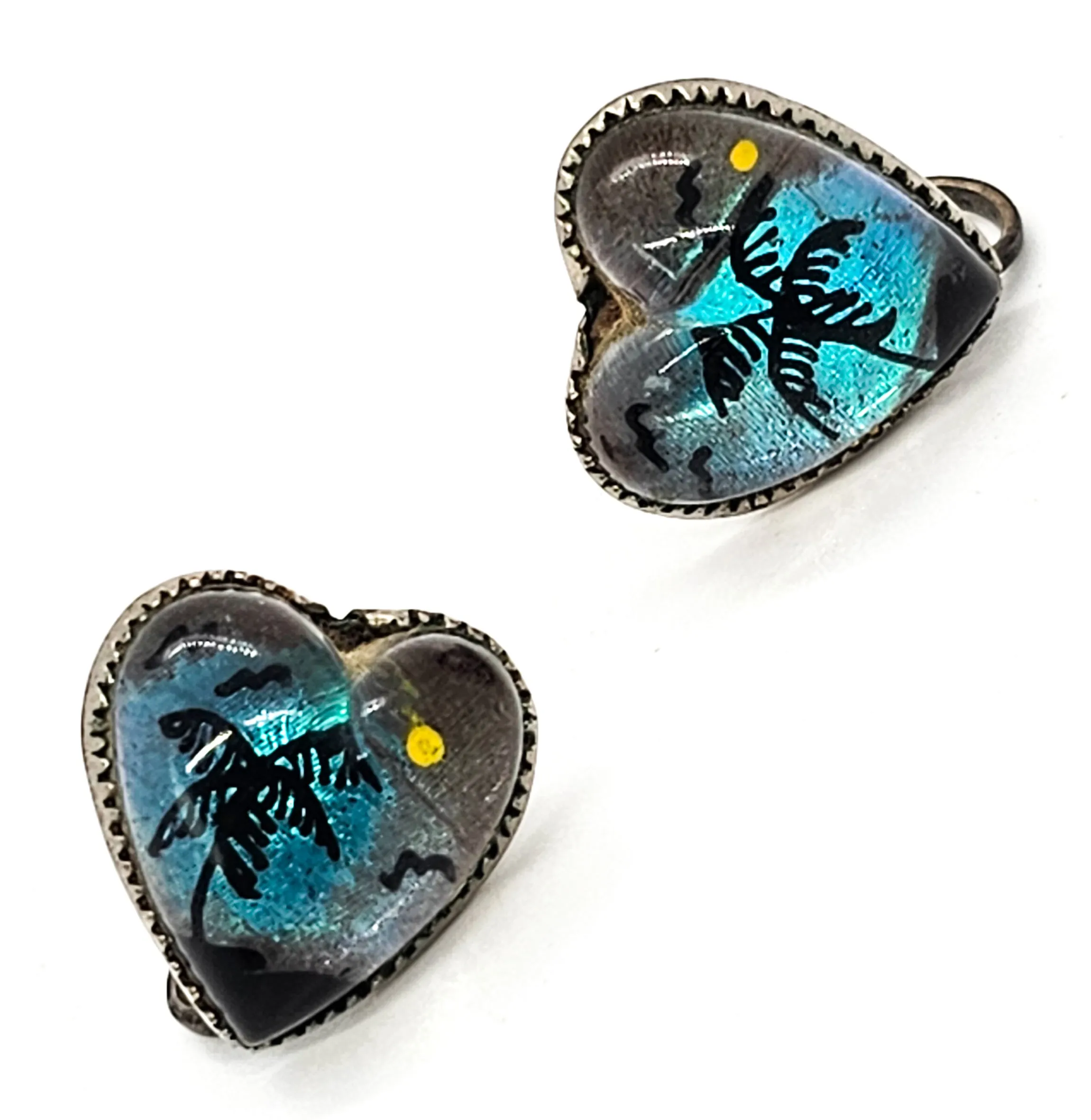 Butterfly wing palm tree beach vintage sterling silver screw back heart earrings