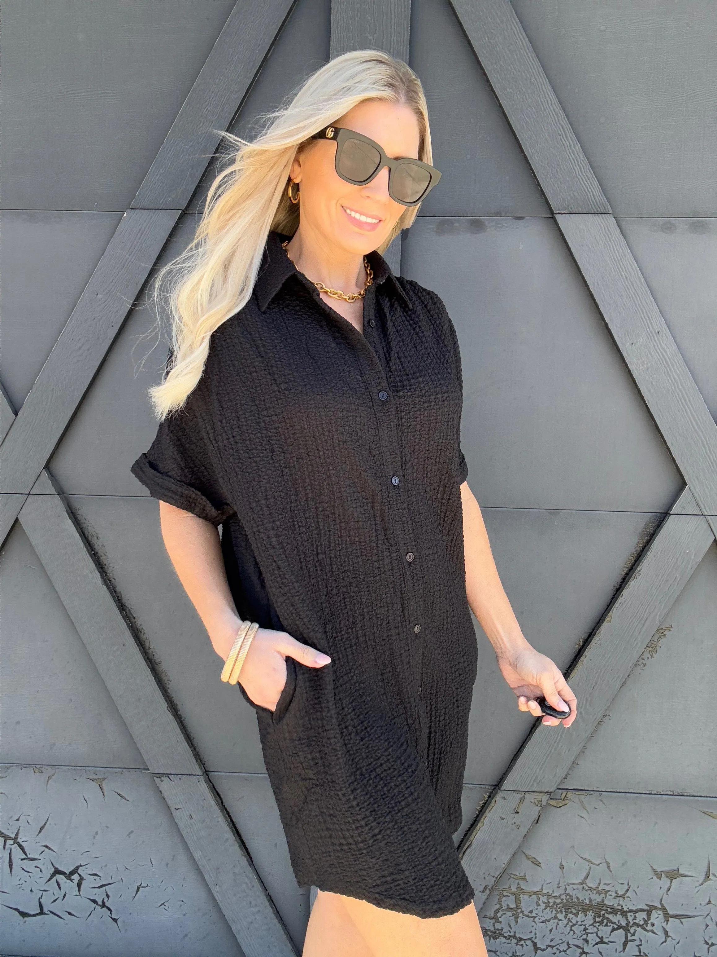 Button Down Shirt Dress In Black