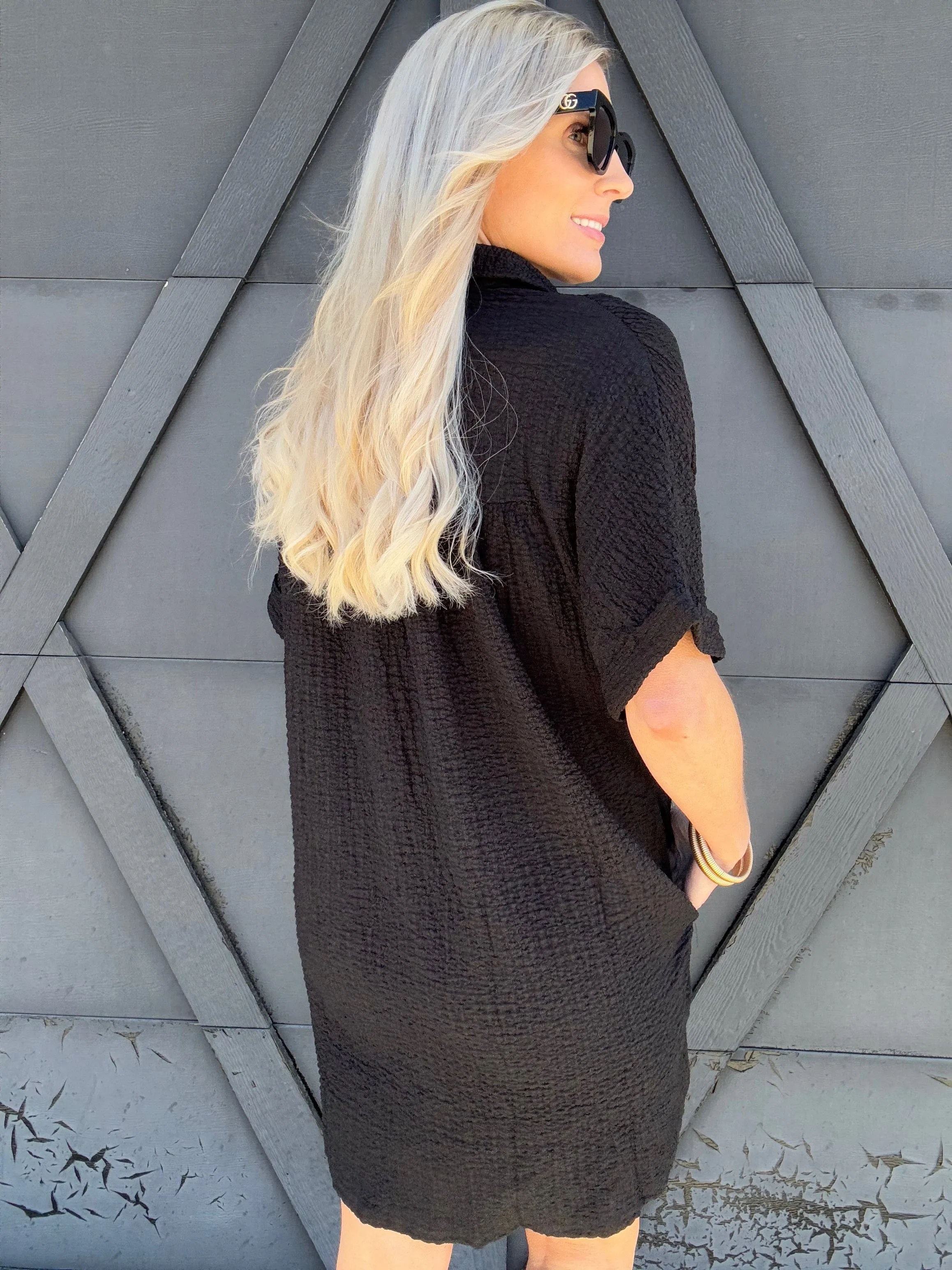 Button Down Shirt Dress In Black
