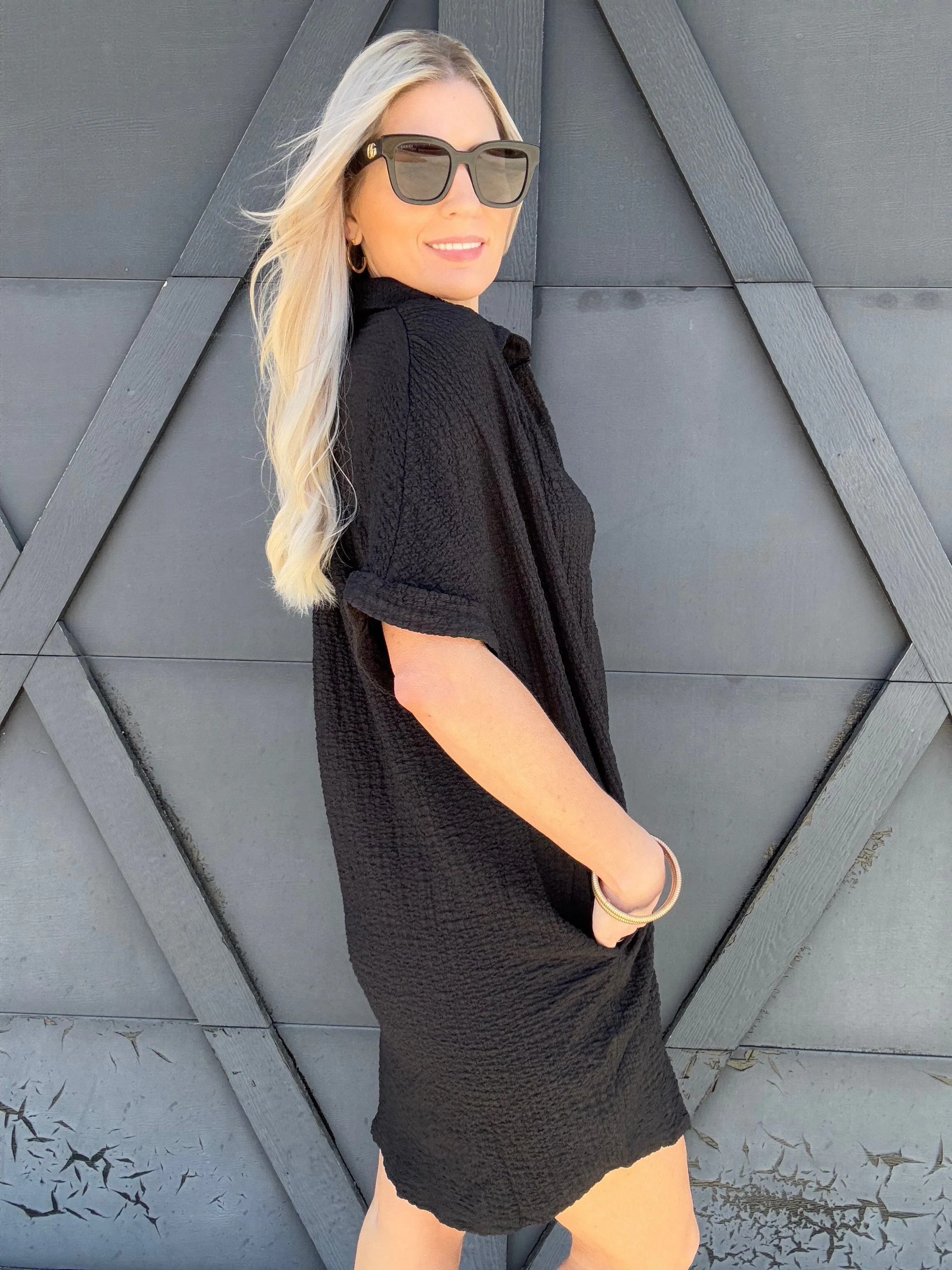 Button Down Shirt Dress In Black