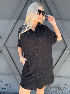 Button Down Shirt Dress In Black