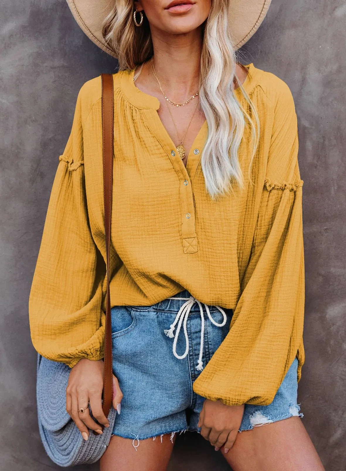 Button Up V-Neck Long Loose Sleeved Top