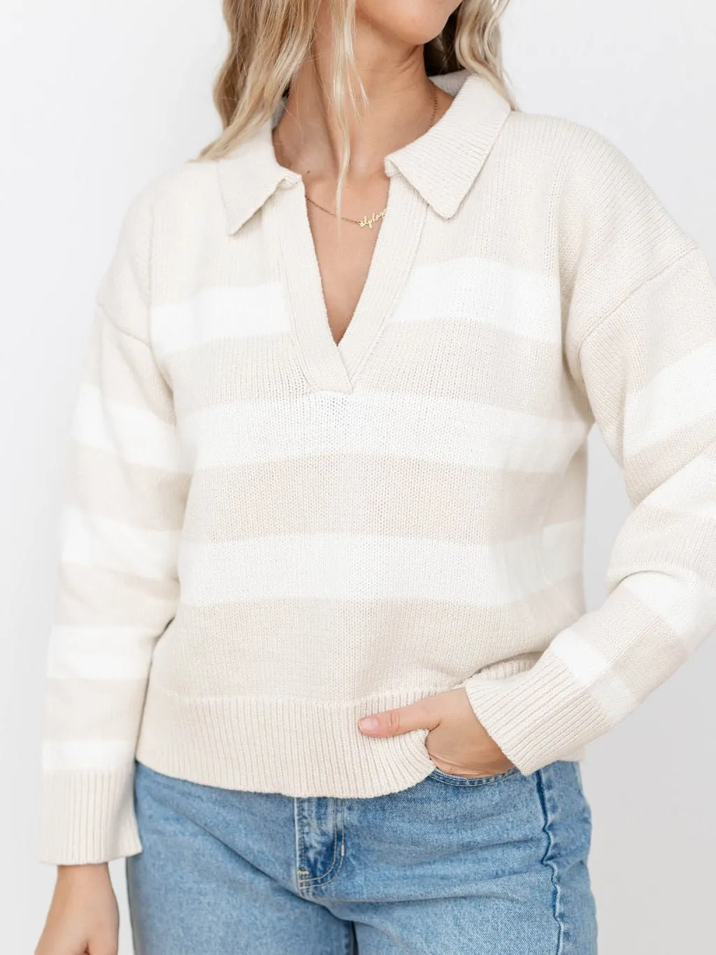 By Together Knit Stripe Collar V-Neck