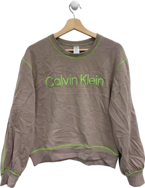 Calvin Klein Taupe/Neon Green Crew Neck Sweatshirt UK XS
