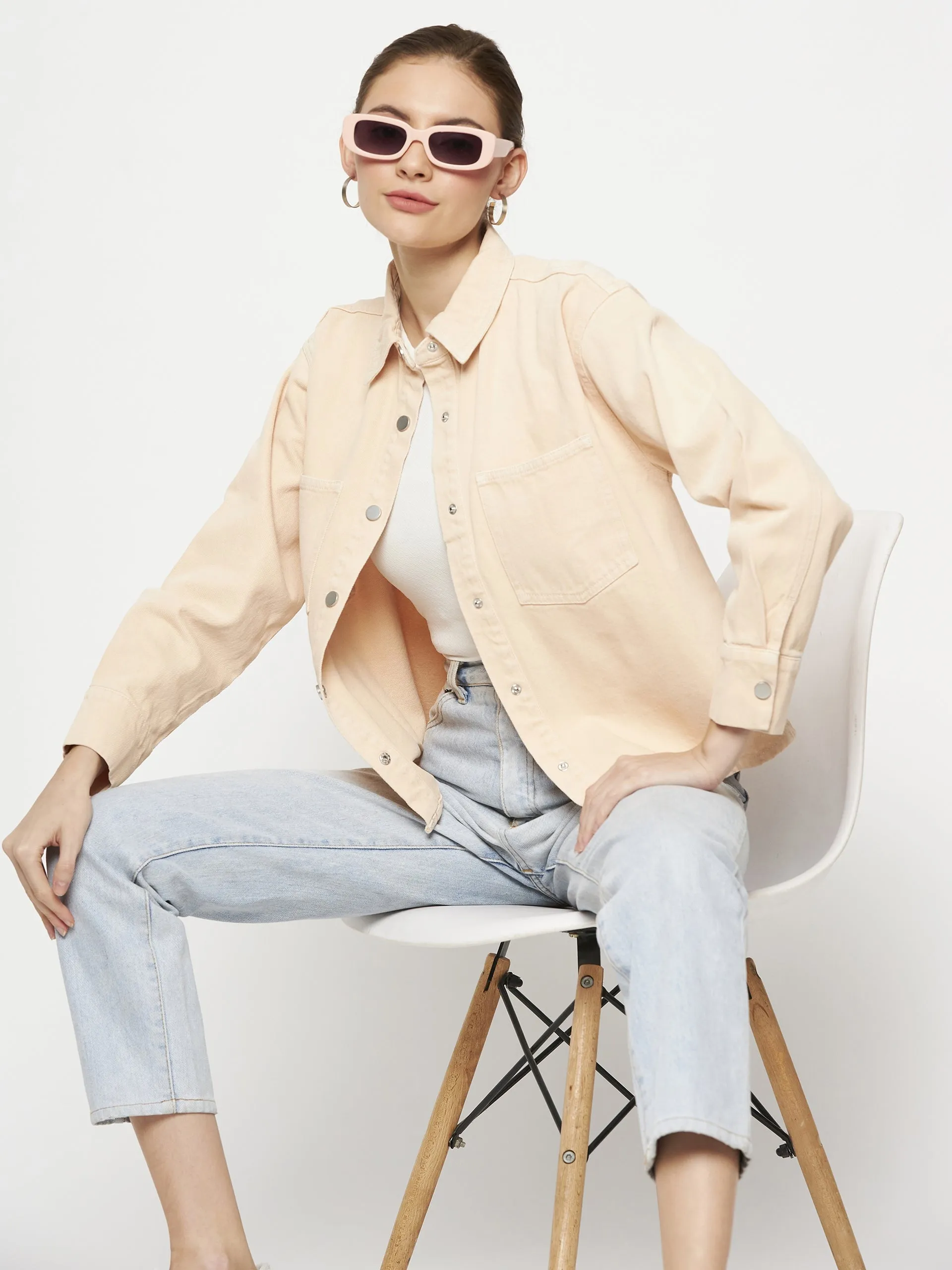 Camla Barcelona Solid Peach Denim Jacket