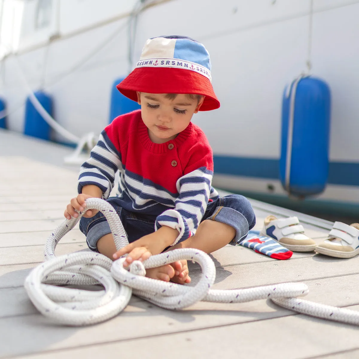 Chapeau de soleil rouge, bleu et crème en twill, bébé || Blue, red and cream sun hat in twill, baby
