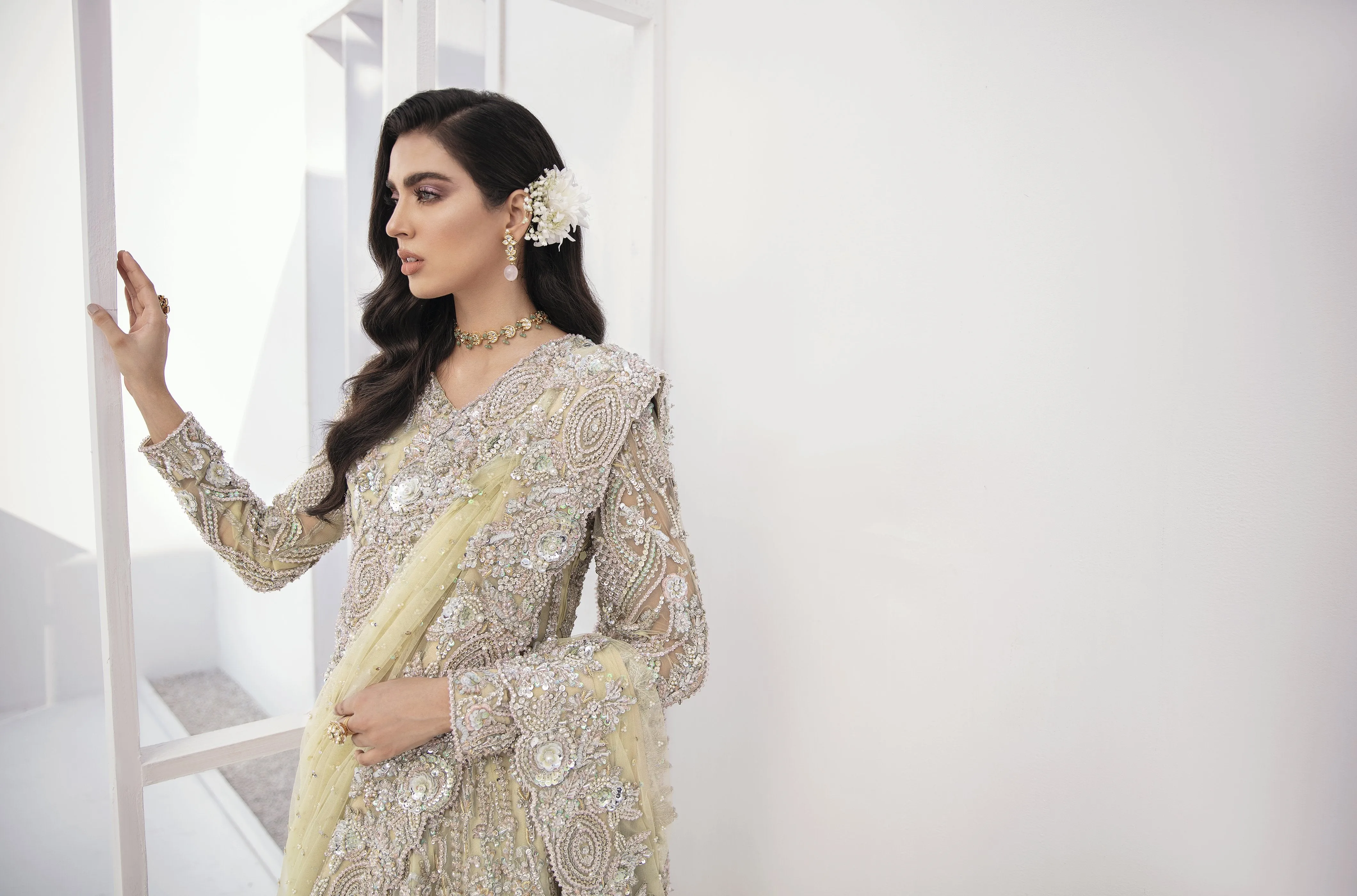 Charming Bridal Lehenga Designs in Embellished Heavy Zardozi Lime Green Lehenga with Choli in Pakistani Bridal Dress #BN939