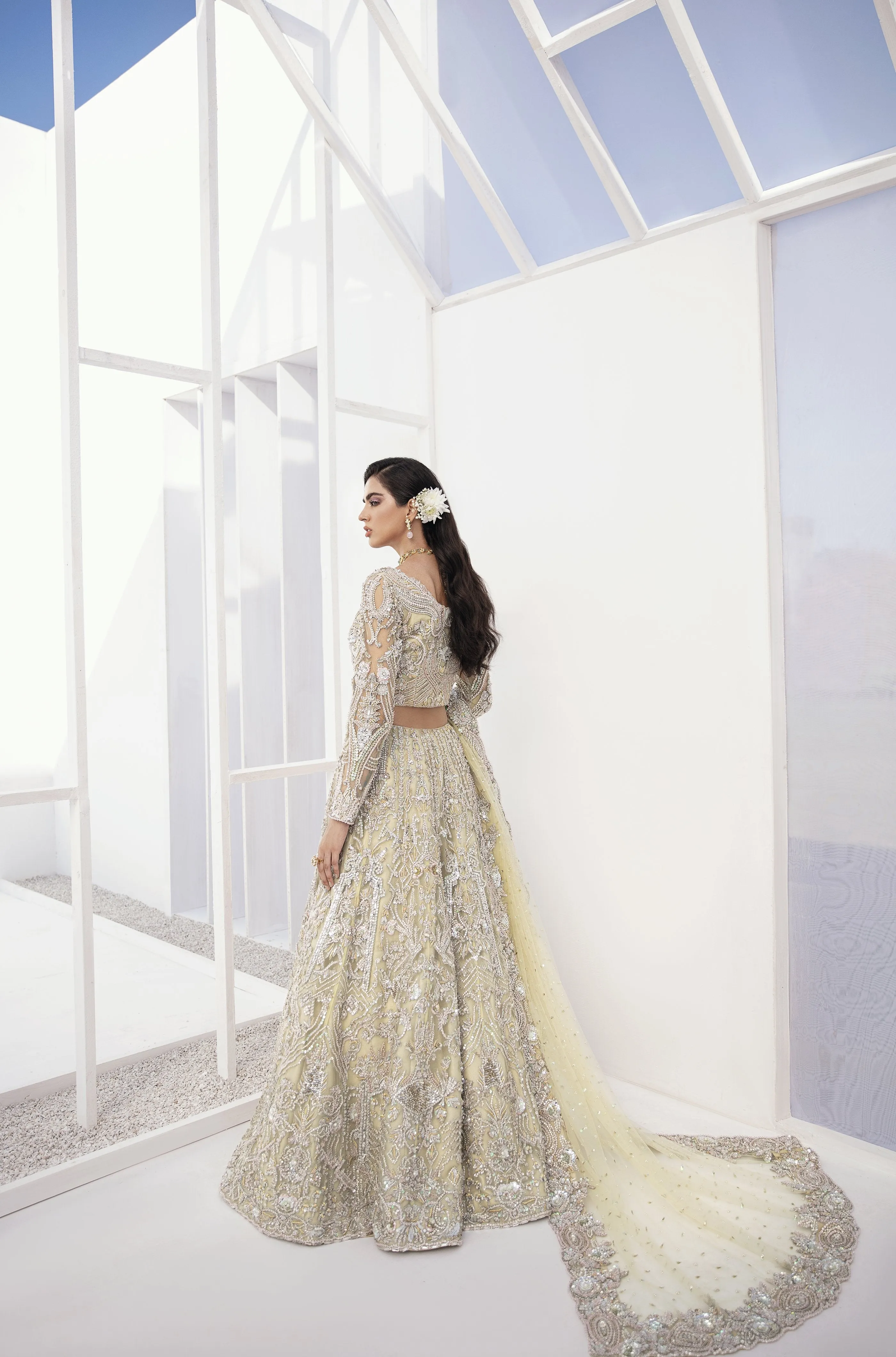 Charming Bridal Lehenga Designs in Embellished Heavy Zardozi Lime Green Lehenga with Choli in Pakistani Bridal Dress #BN939