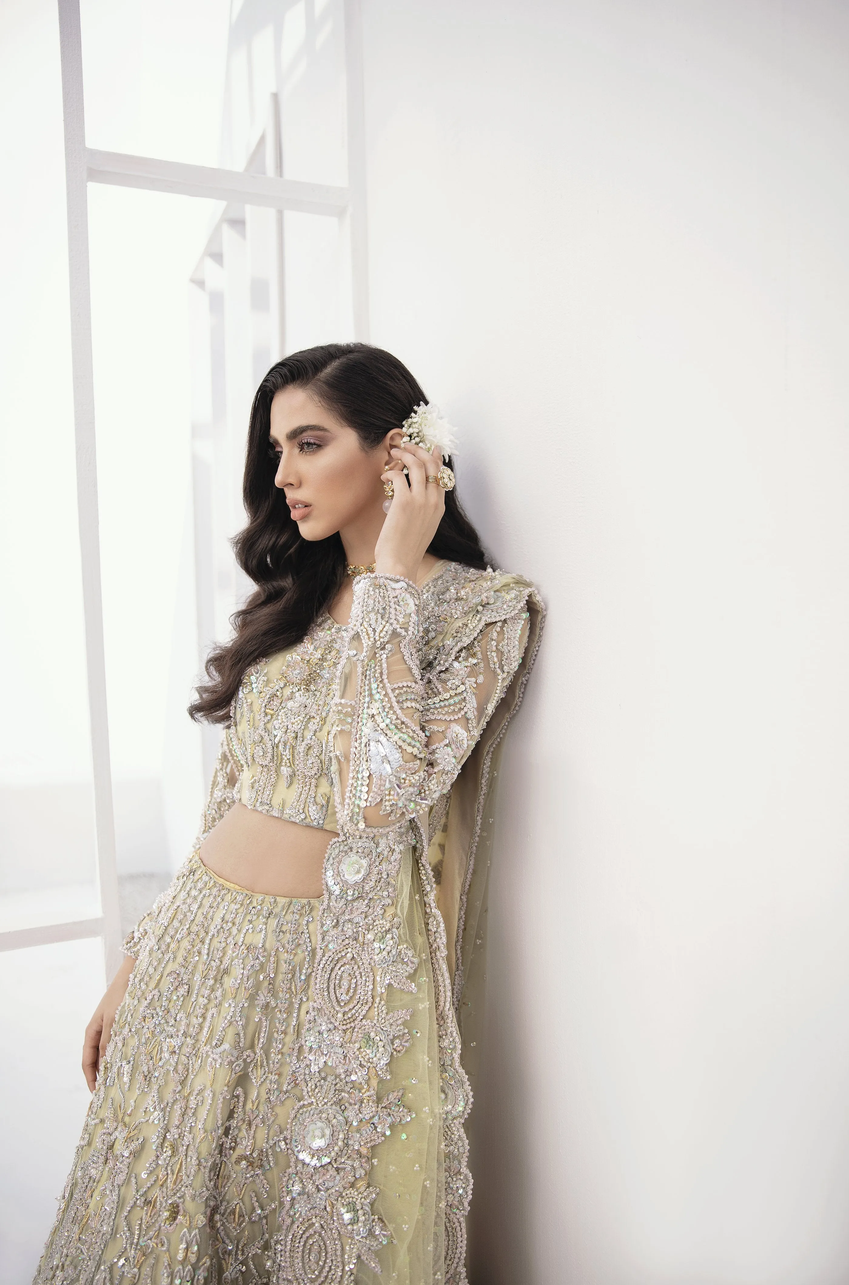 Charming Bridal Lehenga Designs in Embellished Heavy Zardozi Lime Green Lehenga with Choli in Pakistani Bridal Dress #BN939