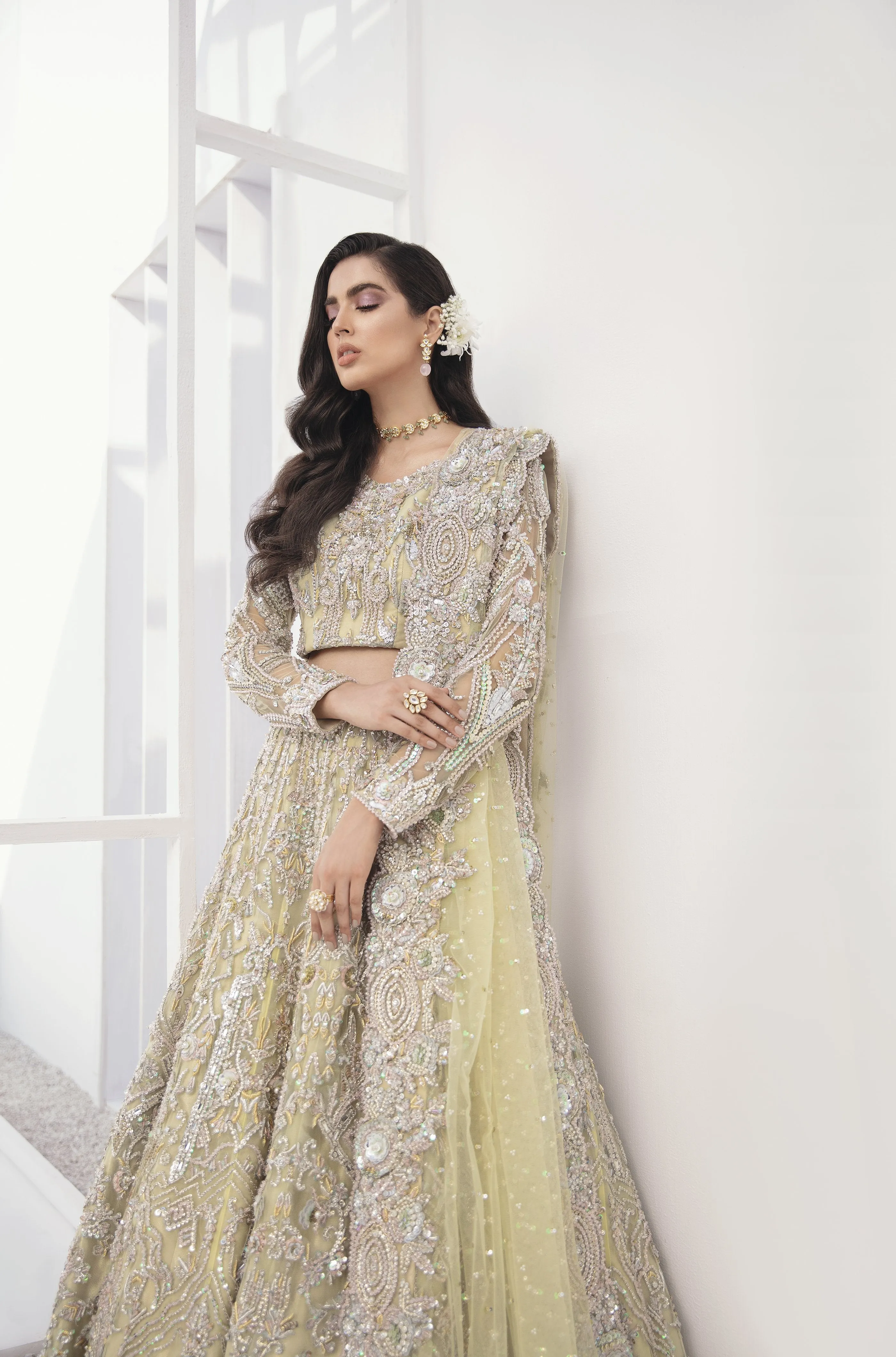 Charming Bridal Lehenga Designs in Embellished Heavy Zardozi Lime Green Lehenga with Choli in Pakistani Bridal Dress #BN939