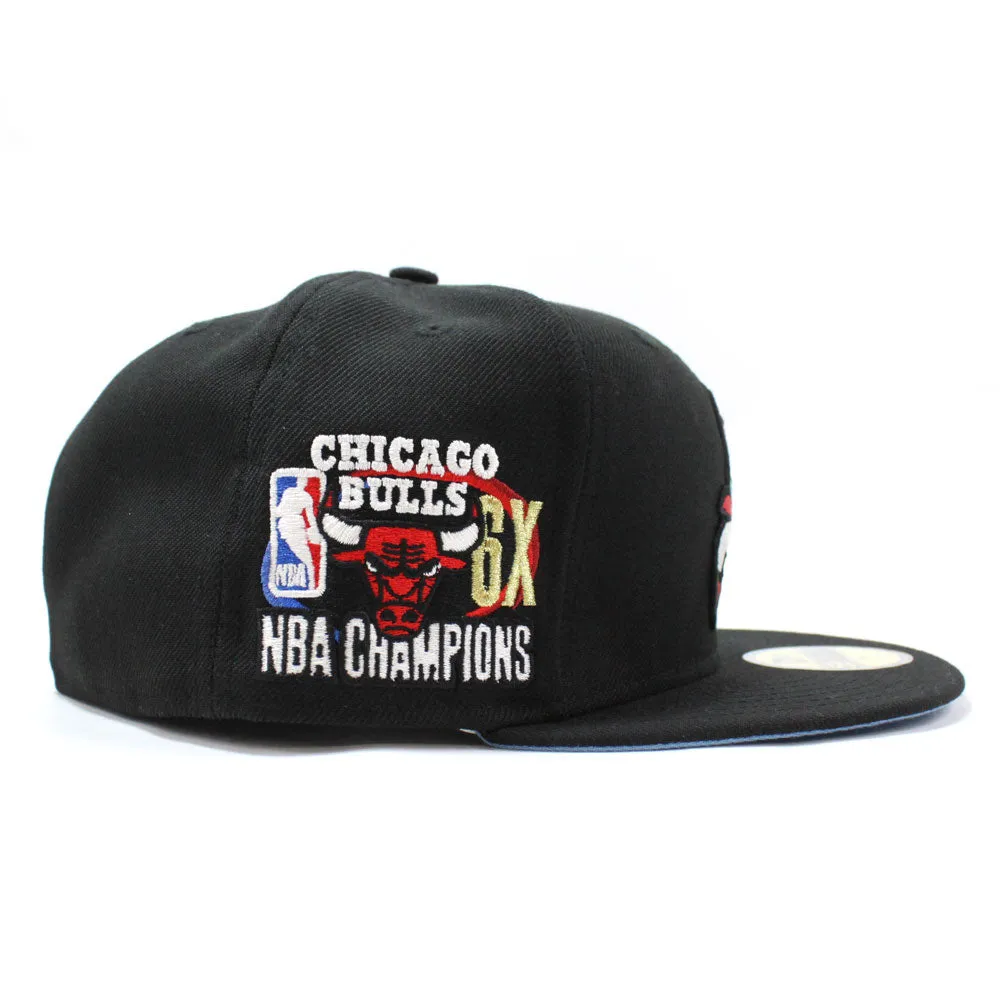 Chicago Bulls UPSIDE DOWN NBA CHAMP New Era 59fifty Fitted Hat (Black Sky Blue Under Brim)