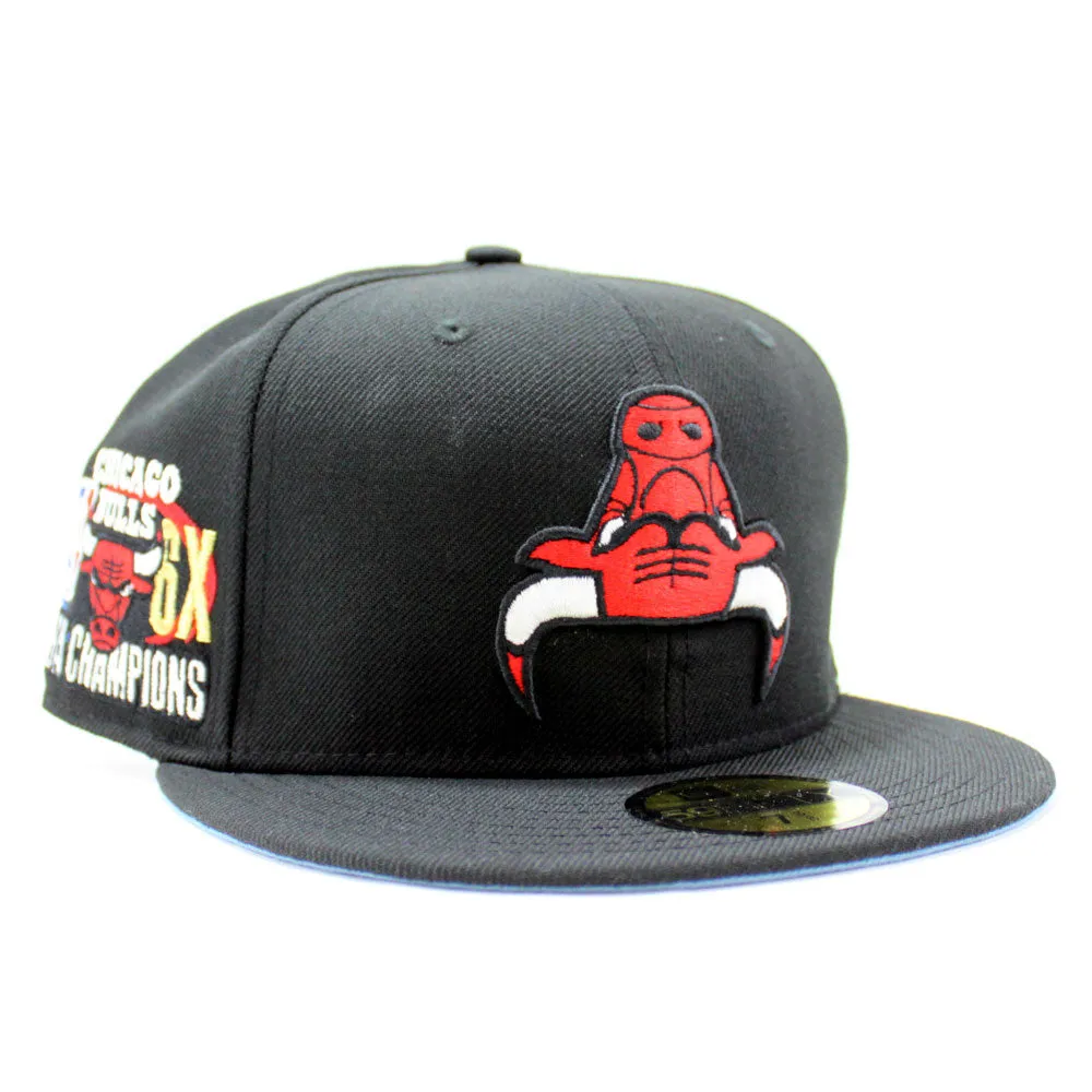 Chicago Bulls UPSIDE DOWN NBA CHAMP New Era 59fifty Fitted Hat (Black Sky Blue Under Brim)