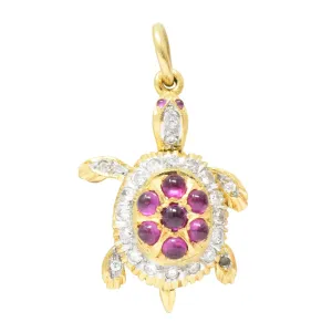 Circa 1980's Vintage 0.56 CTW Diamond Ruby 18 Karat Gold Turtle Charm