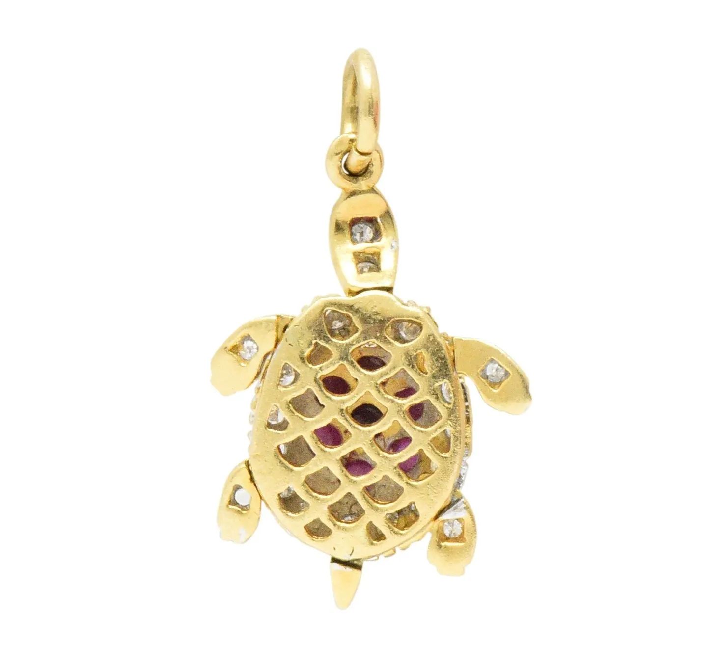 Circa 1980's Vintage 0.56 CTW Diamond Ruby 18 Karat Gold Turtle Charm