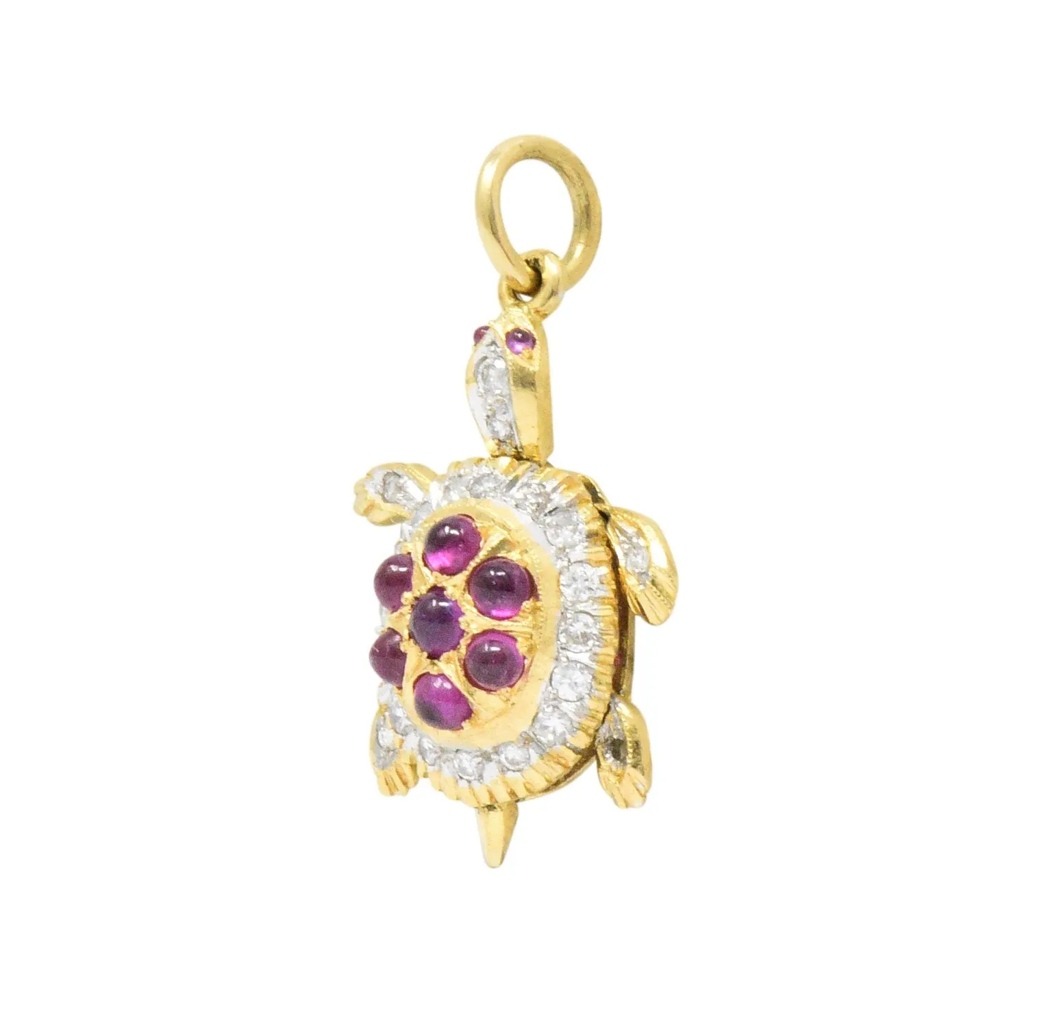 Circa 1980's Vintage 0.56 CTW Diamond Ruby 18 Karat Gold Turtle Charm