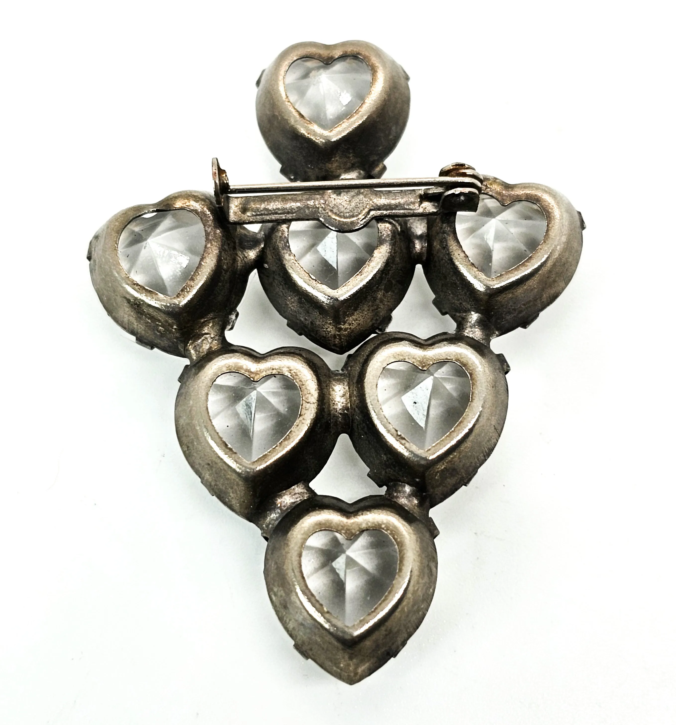 Clear heart faceted open work vintage prong set rhinestone cluster brooch