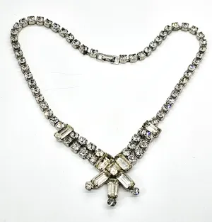 Clear princess cut rhinestone vintage mid century choker necklace
