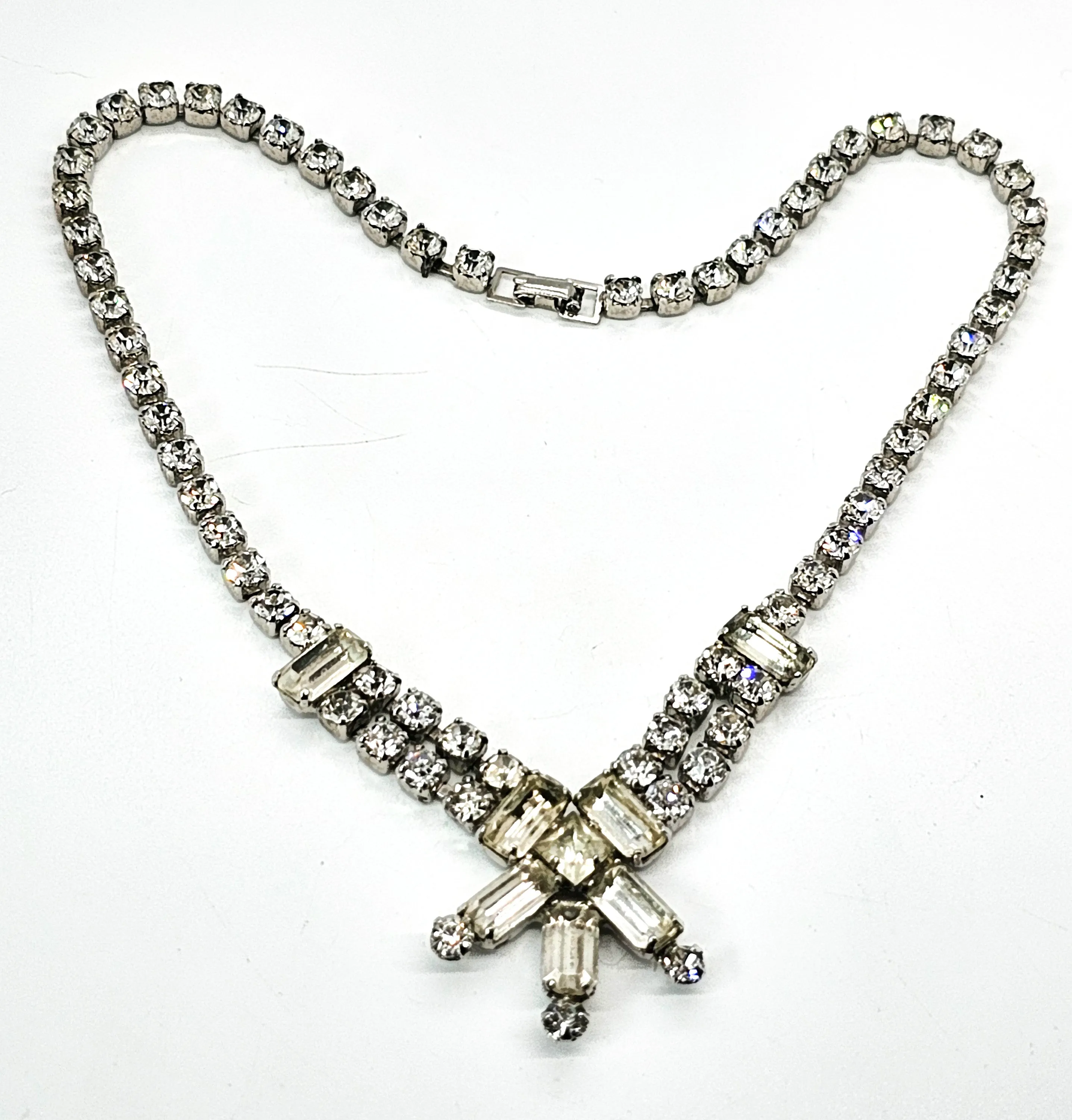 Clear princess cut rhinestone vintage mid century choker necklace