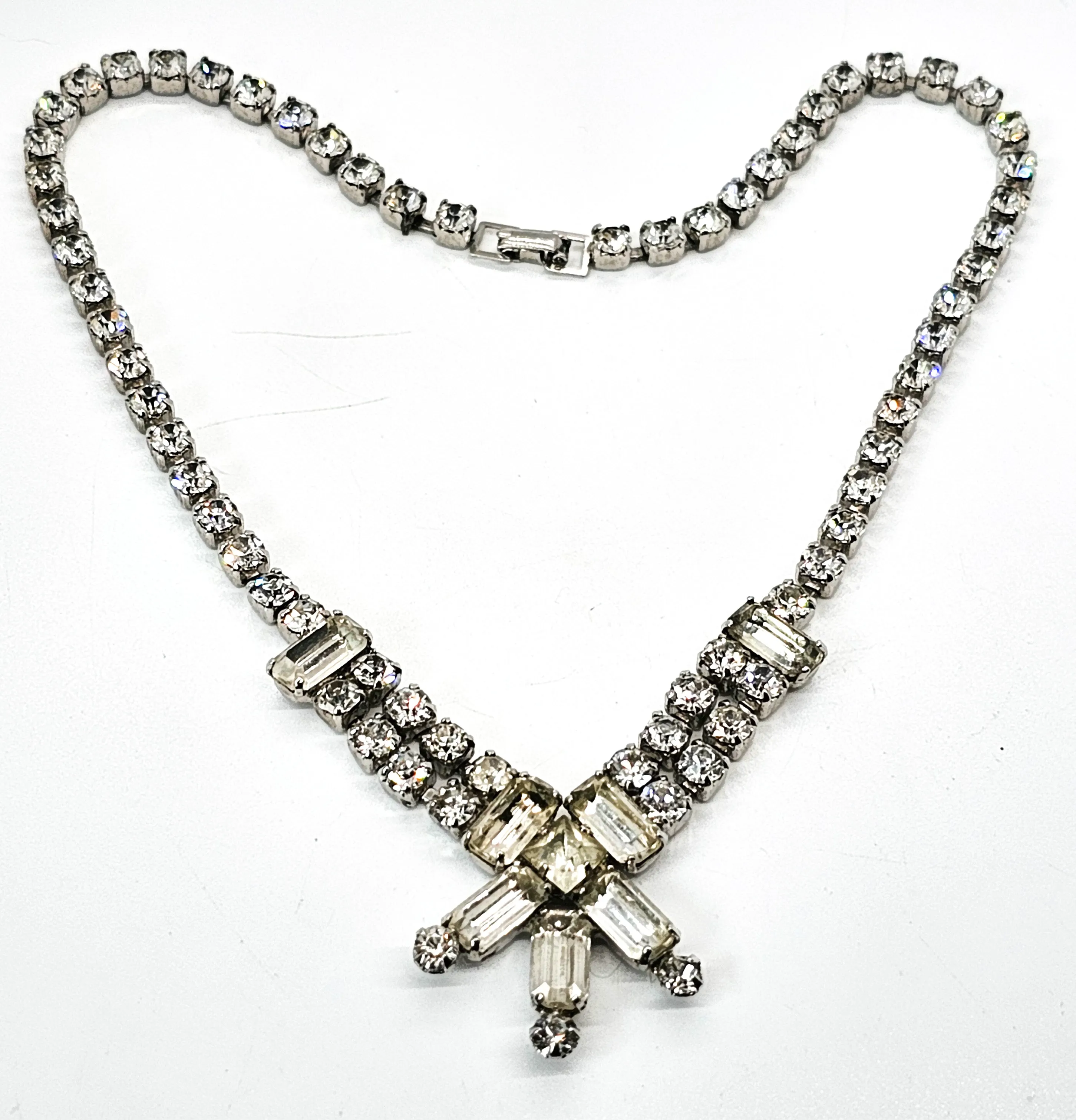 Clear princess cut rhinestone vintage mid century choker necklace