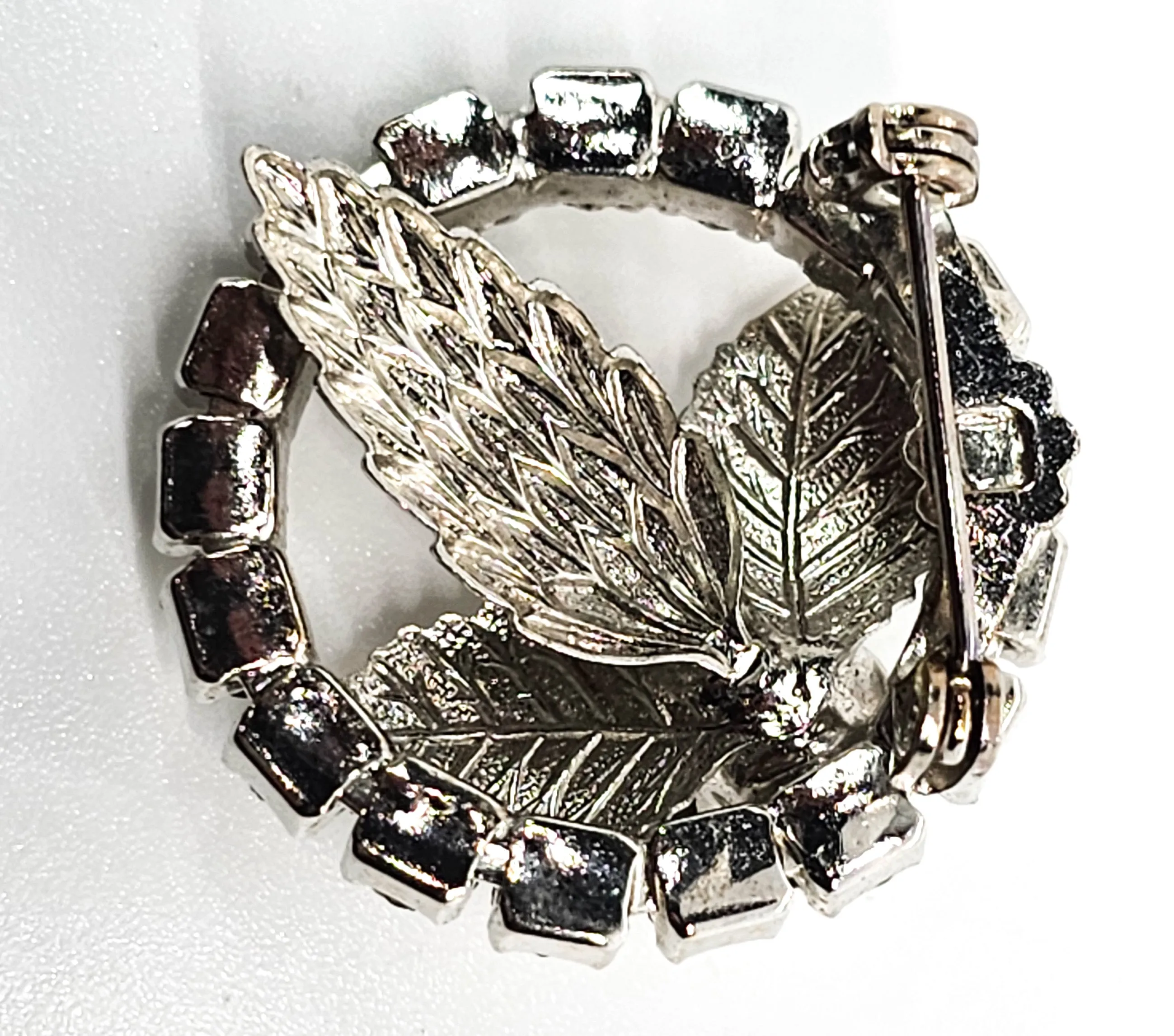 Clear rhinestone vintage floral mid century circle brooch
