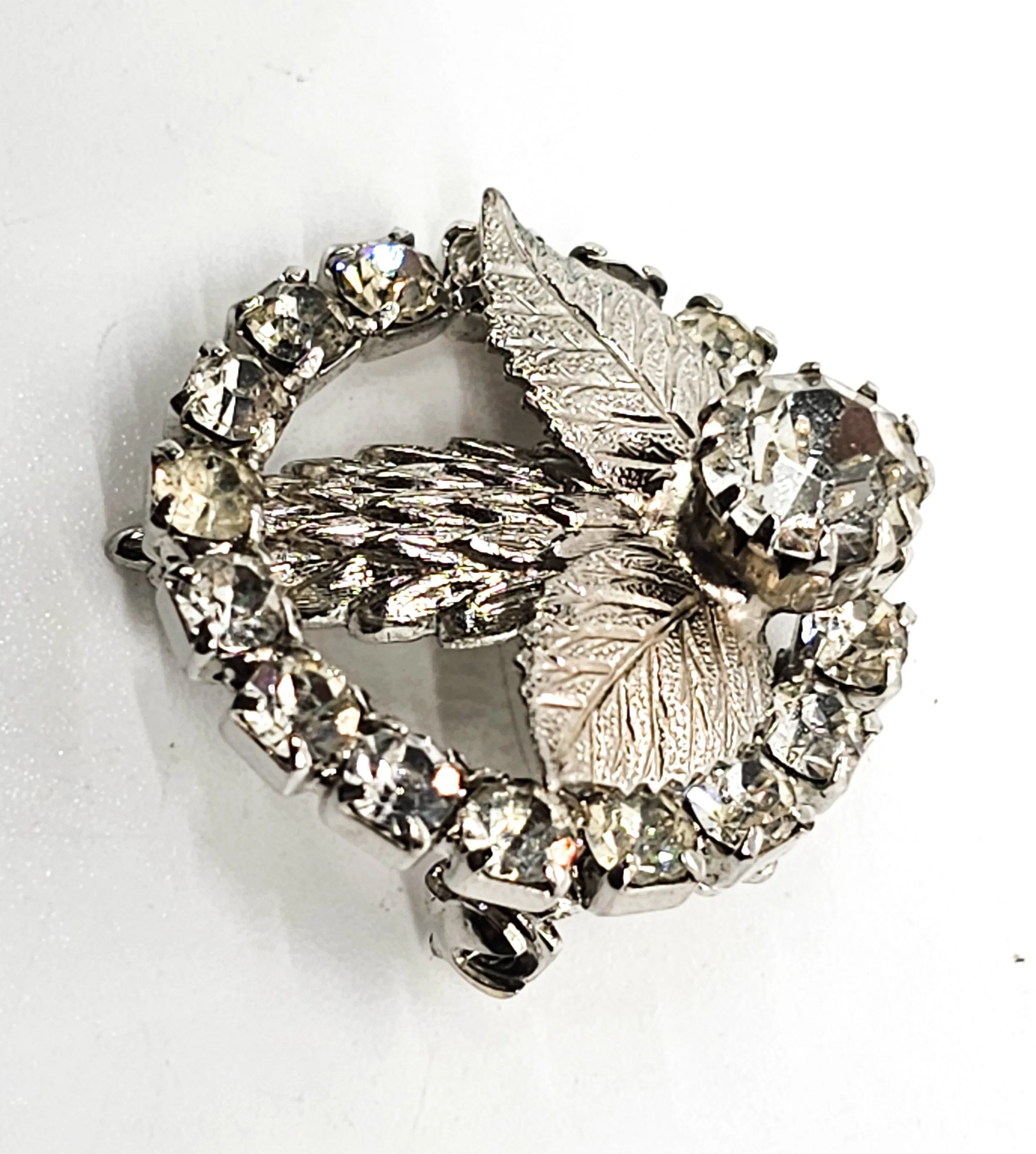 Clear rhinestone vintage floral mid century circle brooch