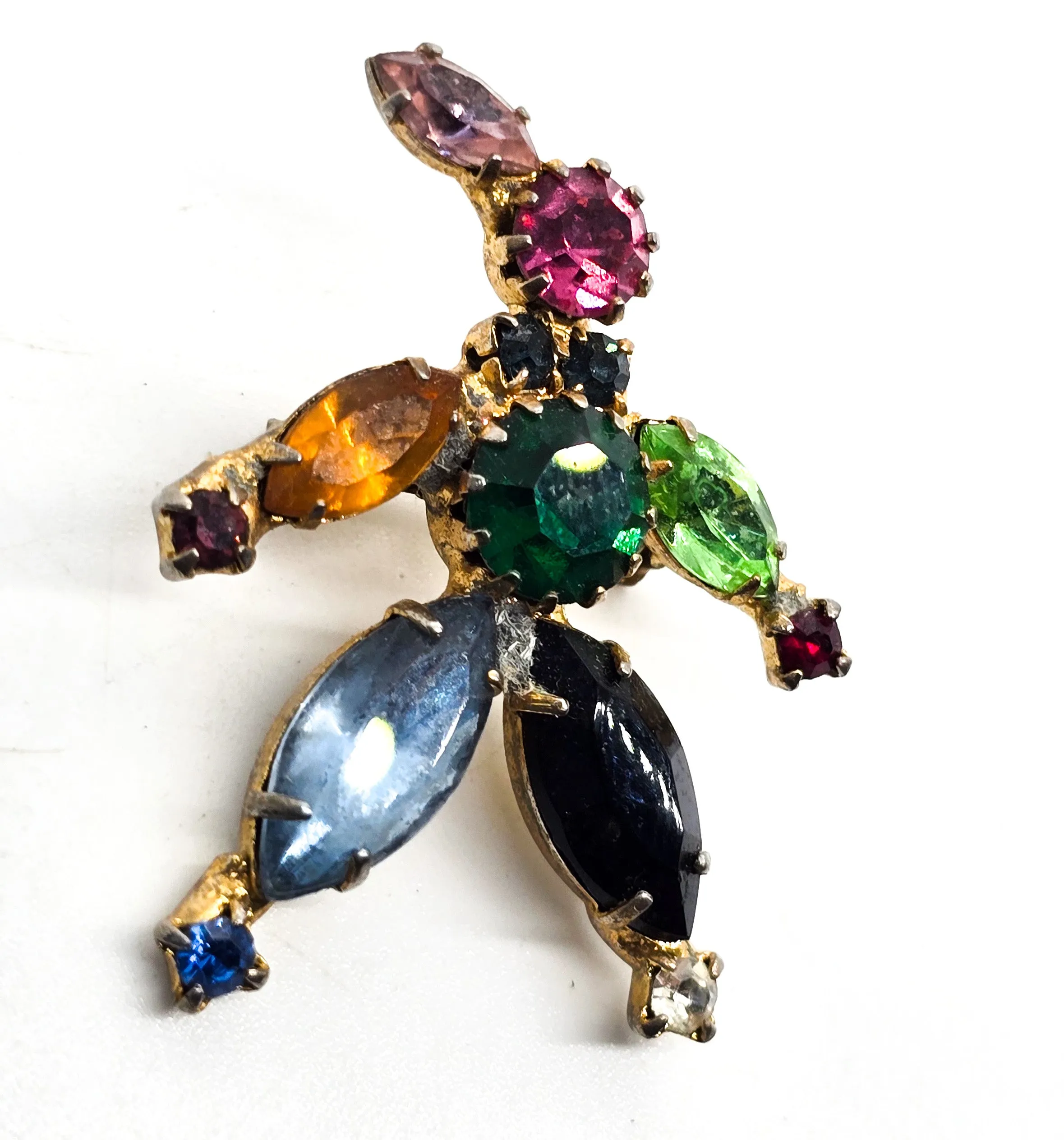 Clown uranium glass fruit salad vintage rainbow rhinestone prong set brooch.