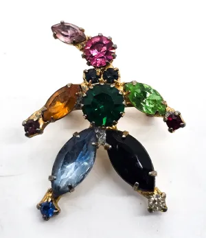 Clown uranium glass fruit salad vintage rainbow rhinestone prong set brooch.