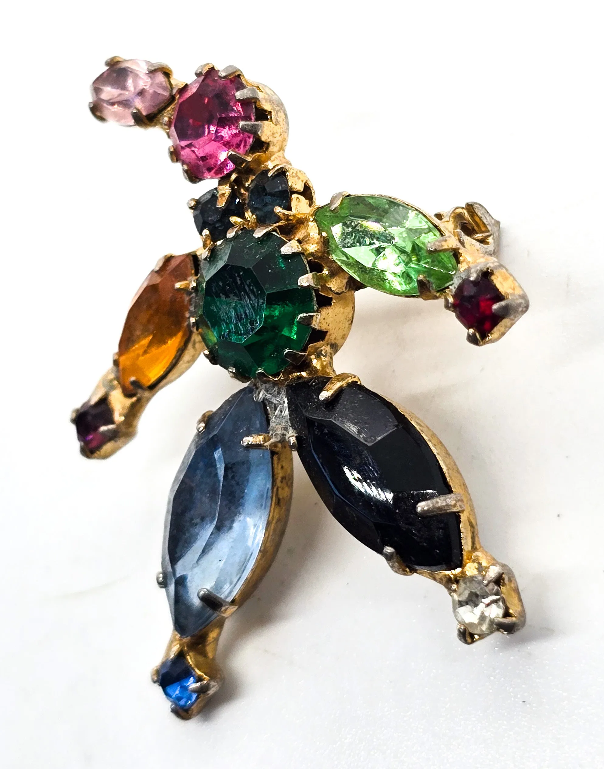 Clown uranium glass fruit salad vintage rainbow rhinestone prong set brooch.