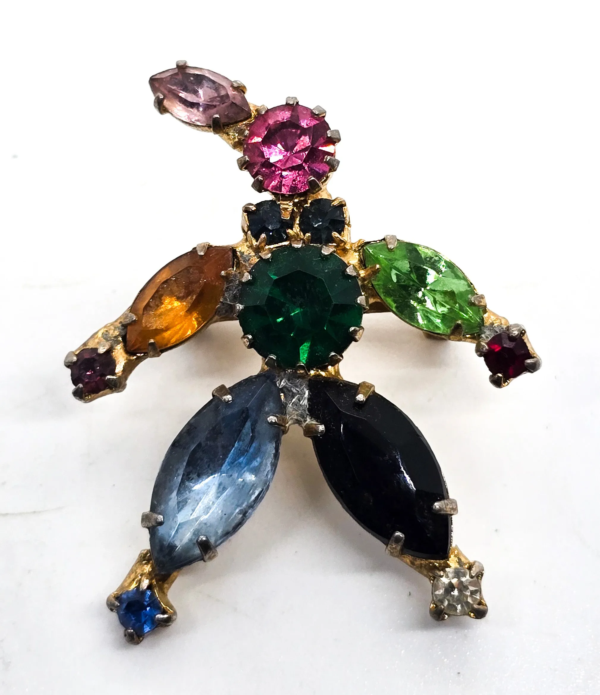 Clown uranium glass fruit salad vintage rainbow rhinestone prong set brooch.