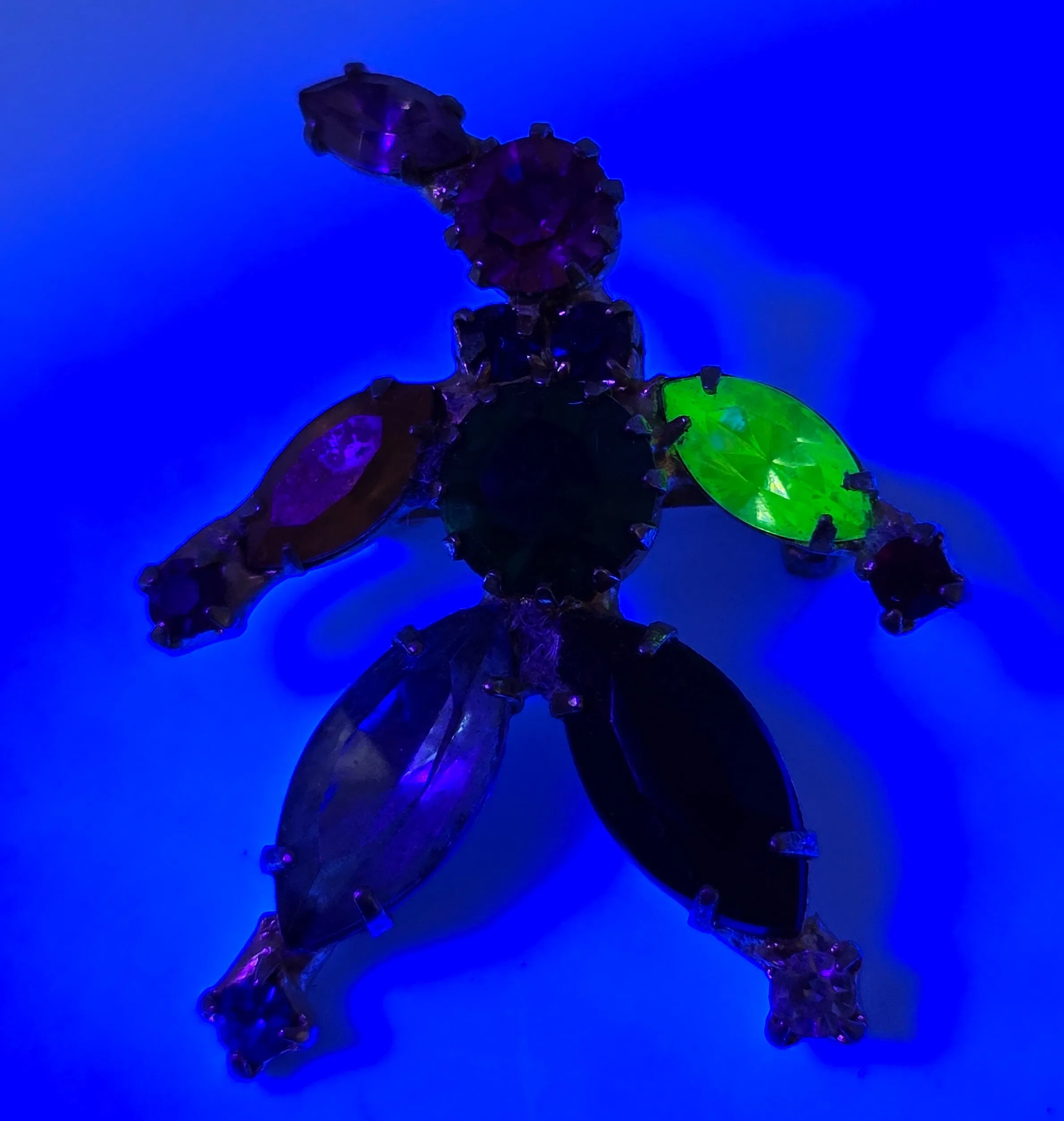Clown uranium glass fruit salad vintage rainbow rhinestone prong set brooch.