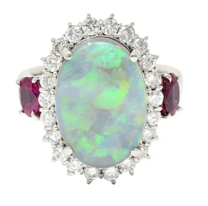 Contemporary 6.74 CTW Opal Diamond Ruby Platinum Halo Cluster Ring