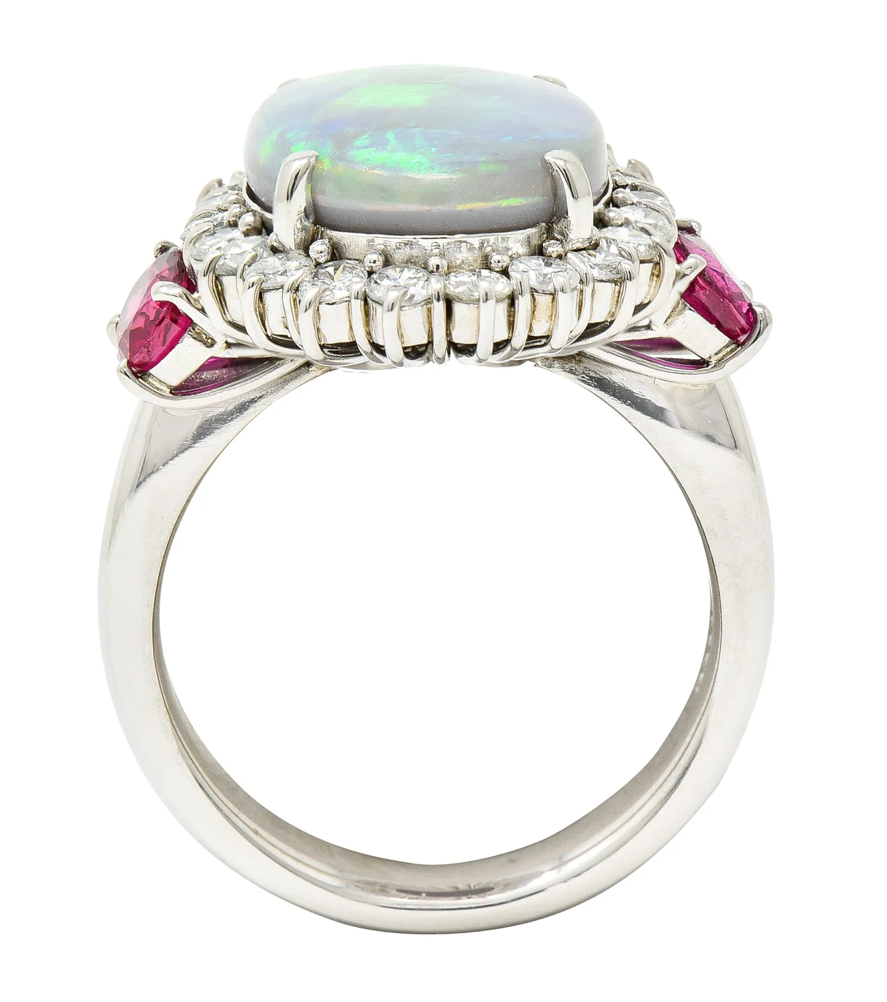 Contemporary 6.74 CTW Opal Diamond Ruby Platinum Halo Cluster Ring