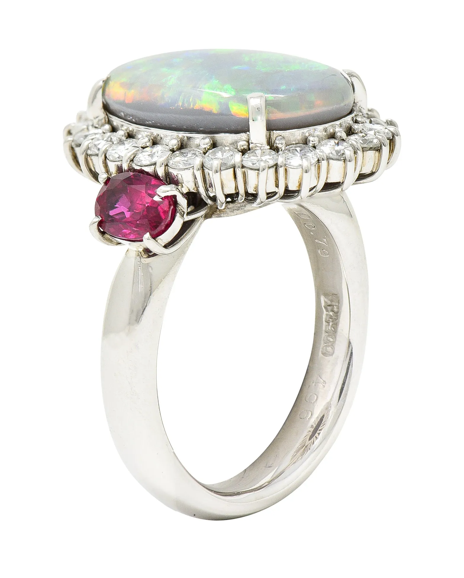 Contemporary 6.74 CTW Opal Diamond Ruby Platinum Halo Cluster Ring