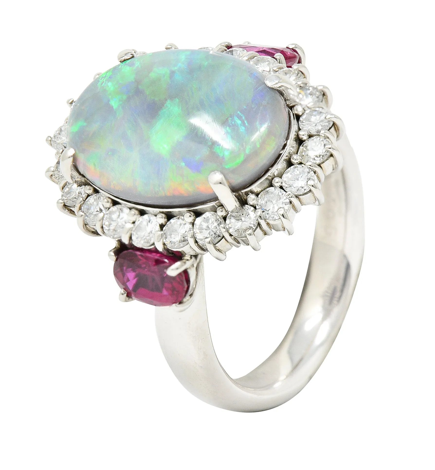 Contemporary 6.74 CTW Opal Diamond Ruby Platinum Halo Cluster Ring