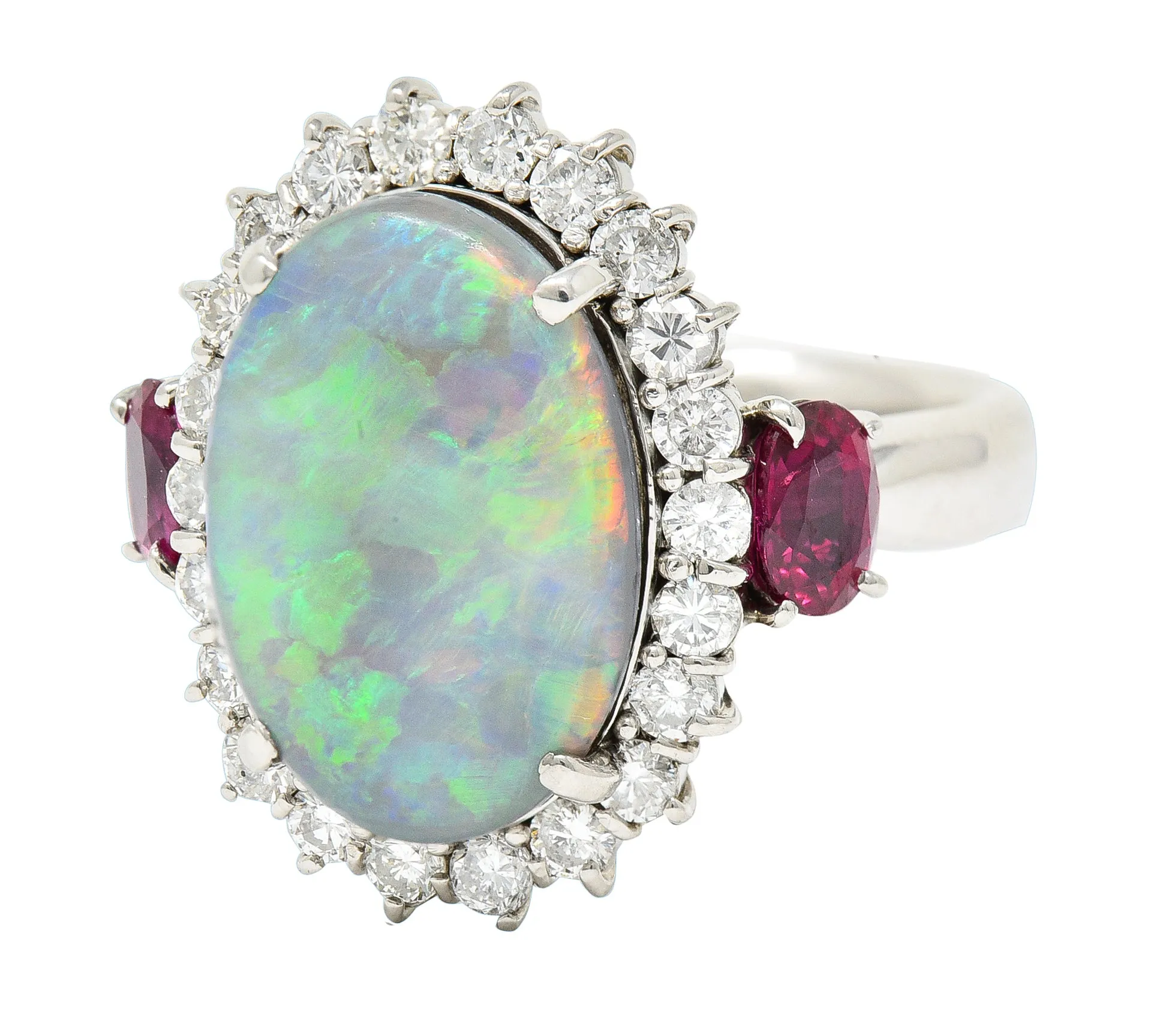 Contemporary 6.74 CTW Opal Diamond Ruby Platinum Halo Cluster Ring