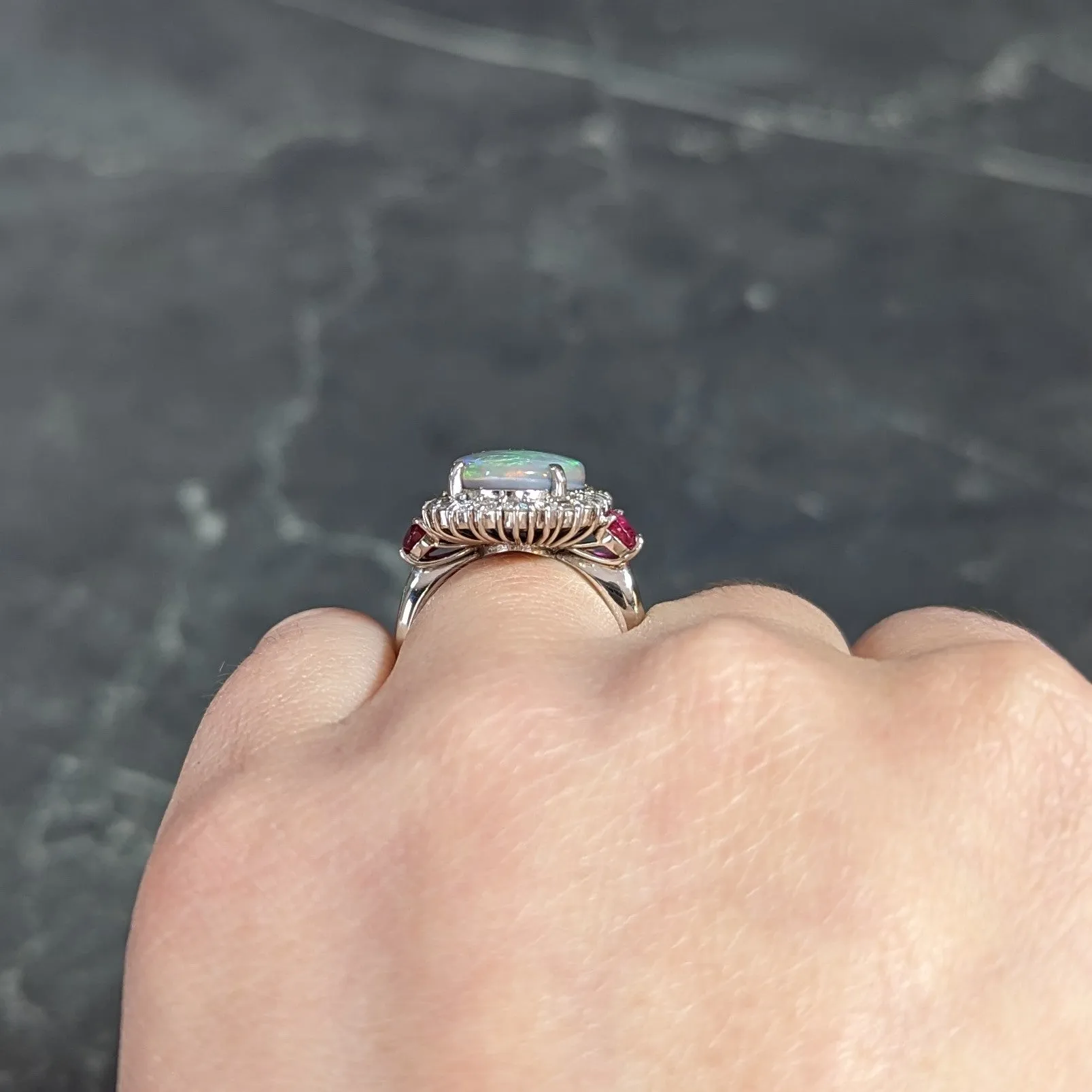 Contemporary 6.74 CTW Opal Diamond Ruby Platinum Halo Cluster Ring
