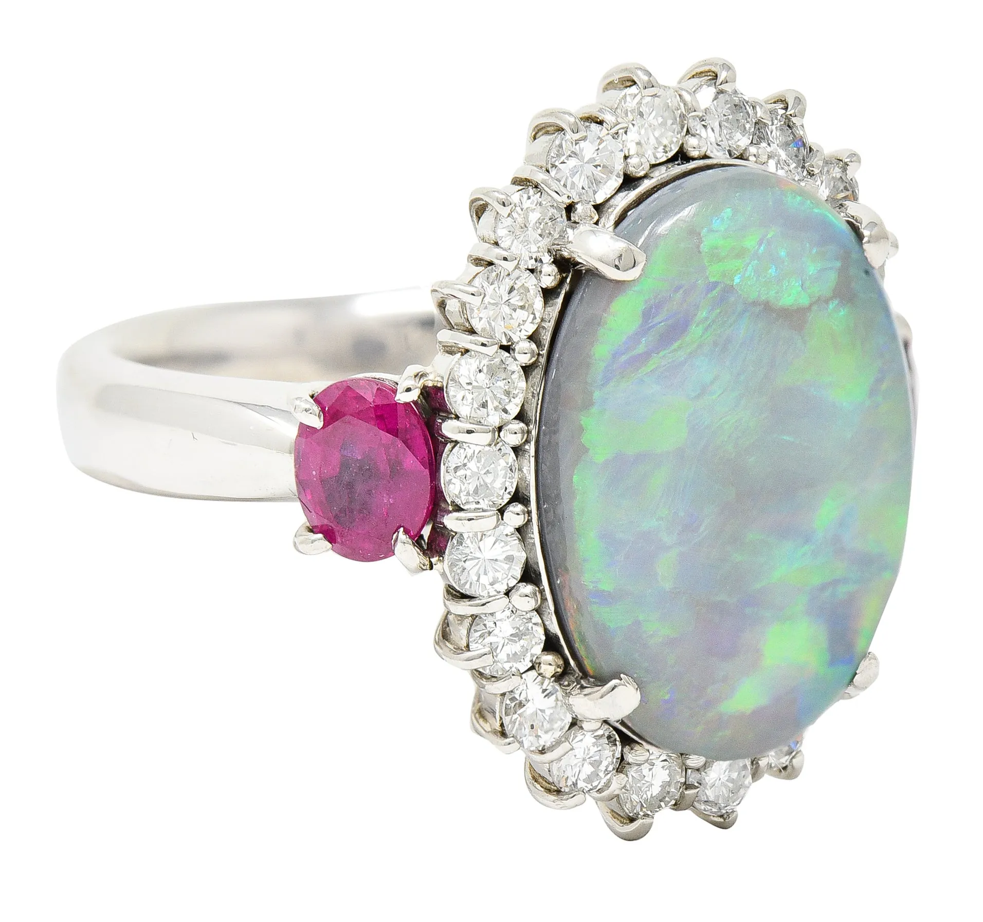 Contemporary 6.74 CTW Opal Diamond Ruby Platinum Halo Cluster Ring