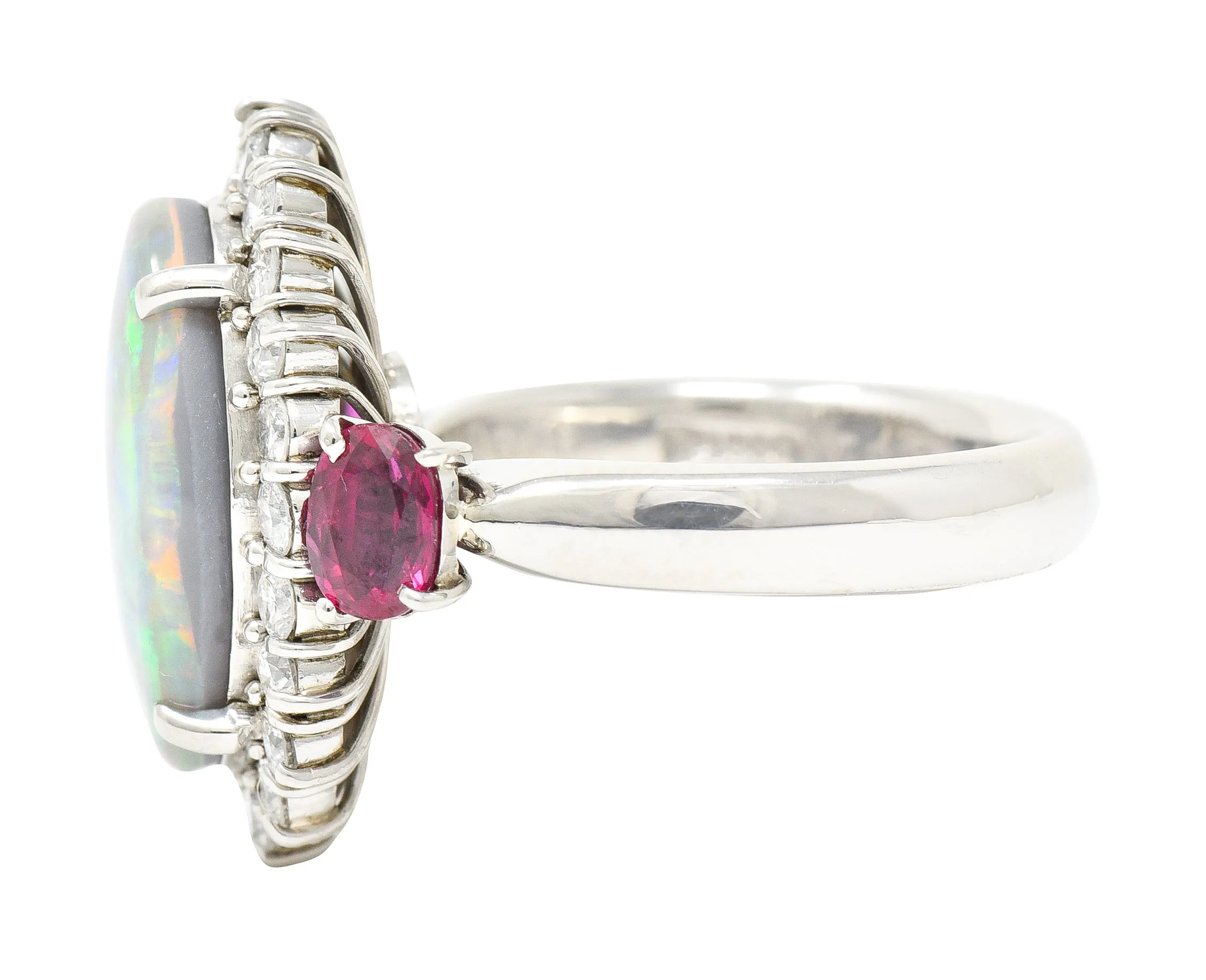 Contemporary 6.74 CTW Opal Diamond Ruby Platinum Halo Cluster Ring