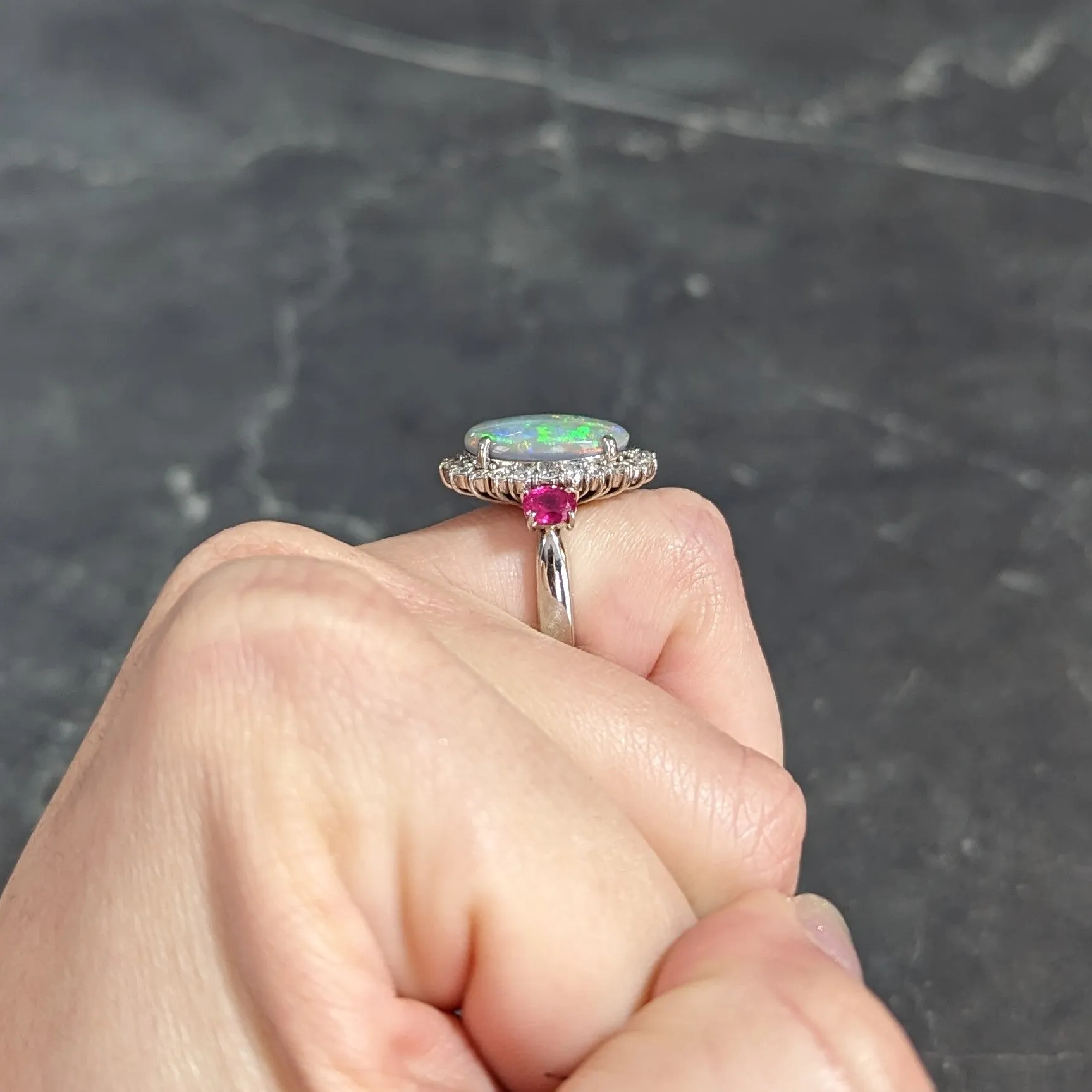 Contemporary 6.74 CTW Opal Diamond Ruby Platinum Halo Cluster Ring