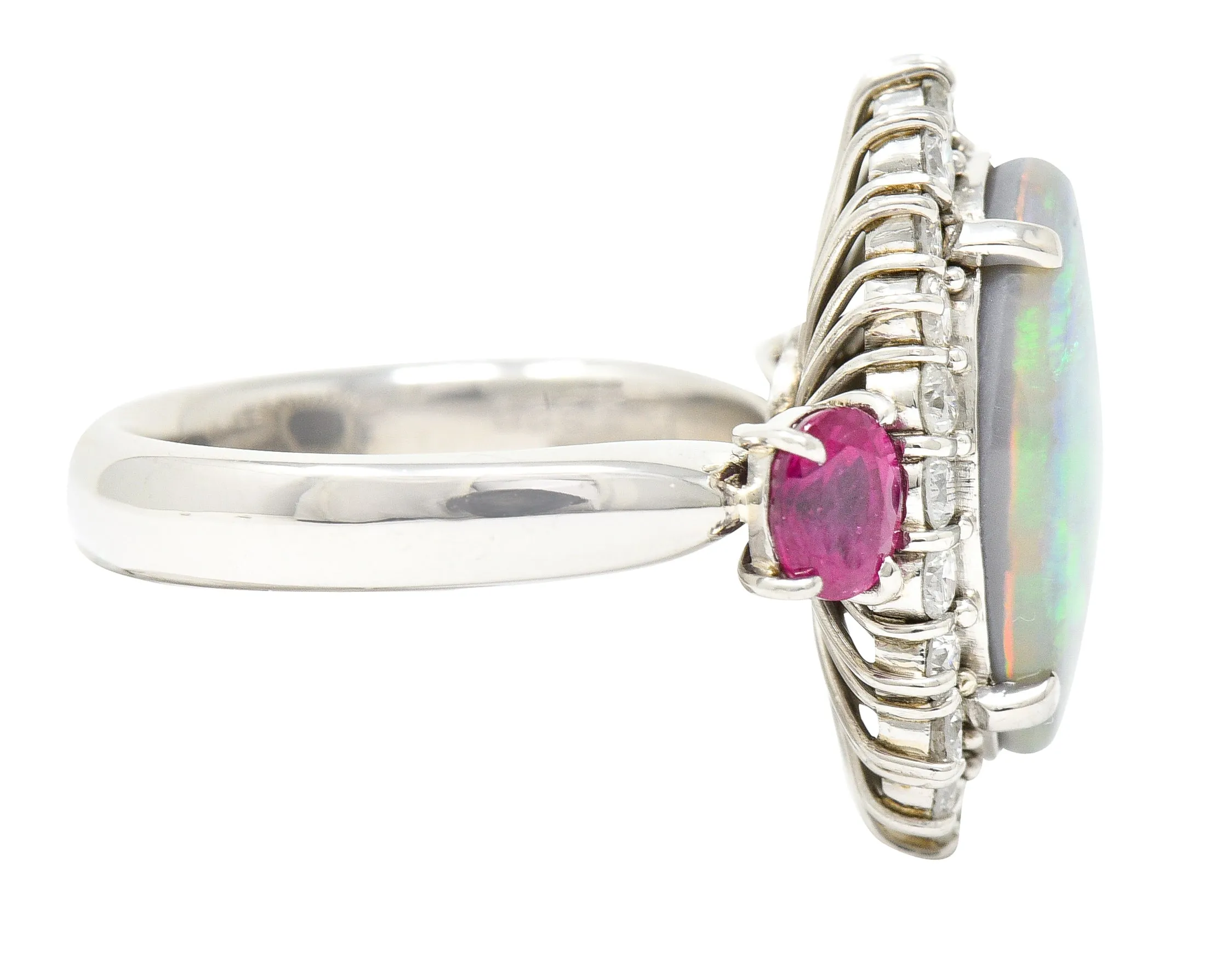 Contemporary 6.74 CTW Opal Diamond Ruby Platinum Halo Cluster Ring