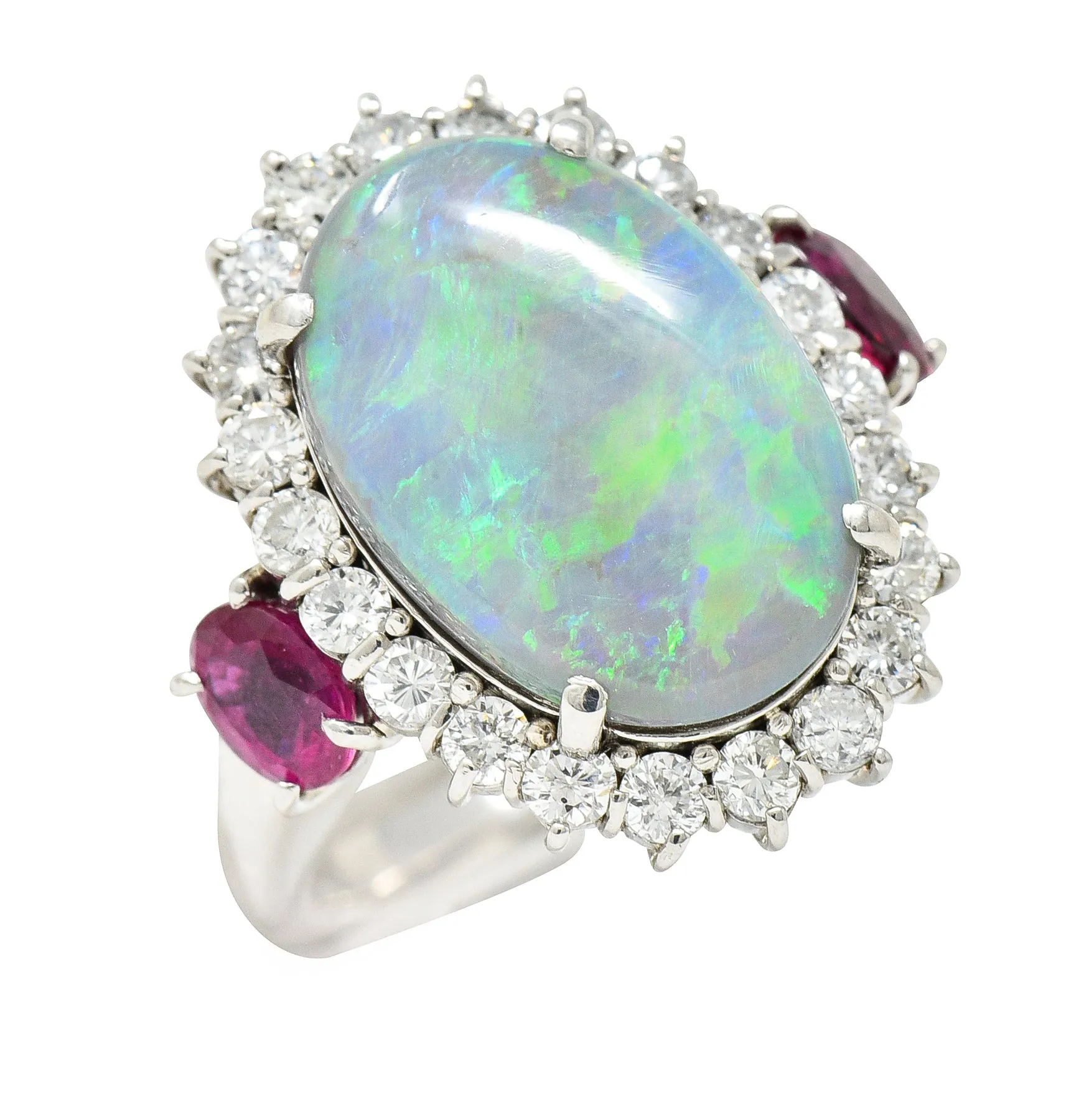 Contemporary 6.74 CTW Opal Diamond Ruby Platinum Halo Cluster Ring
