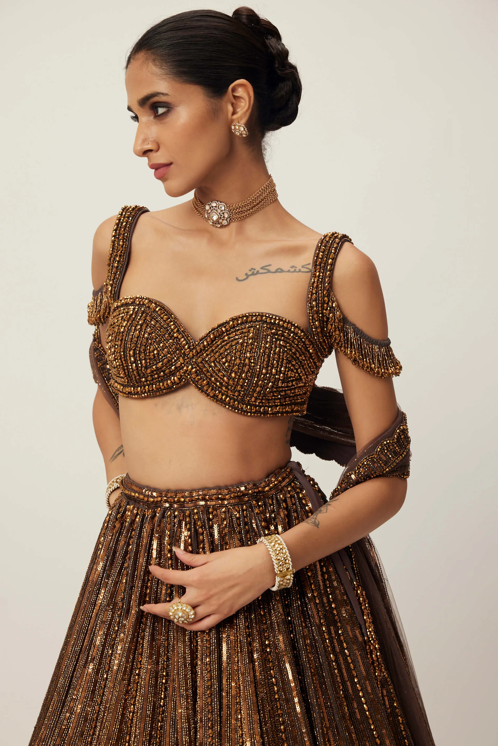 Copper crystal linear embroidered lehenga set