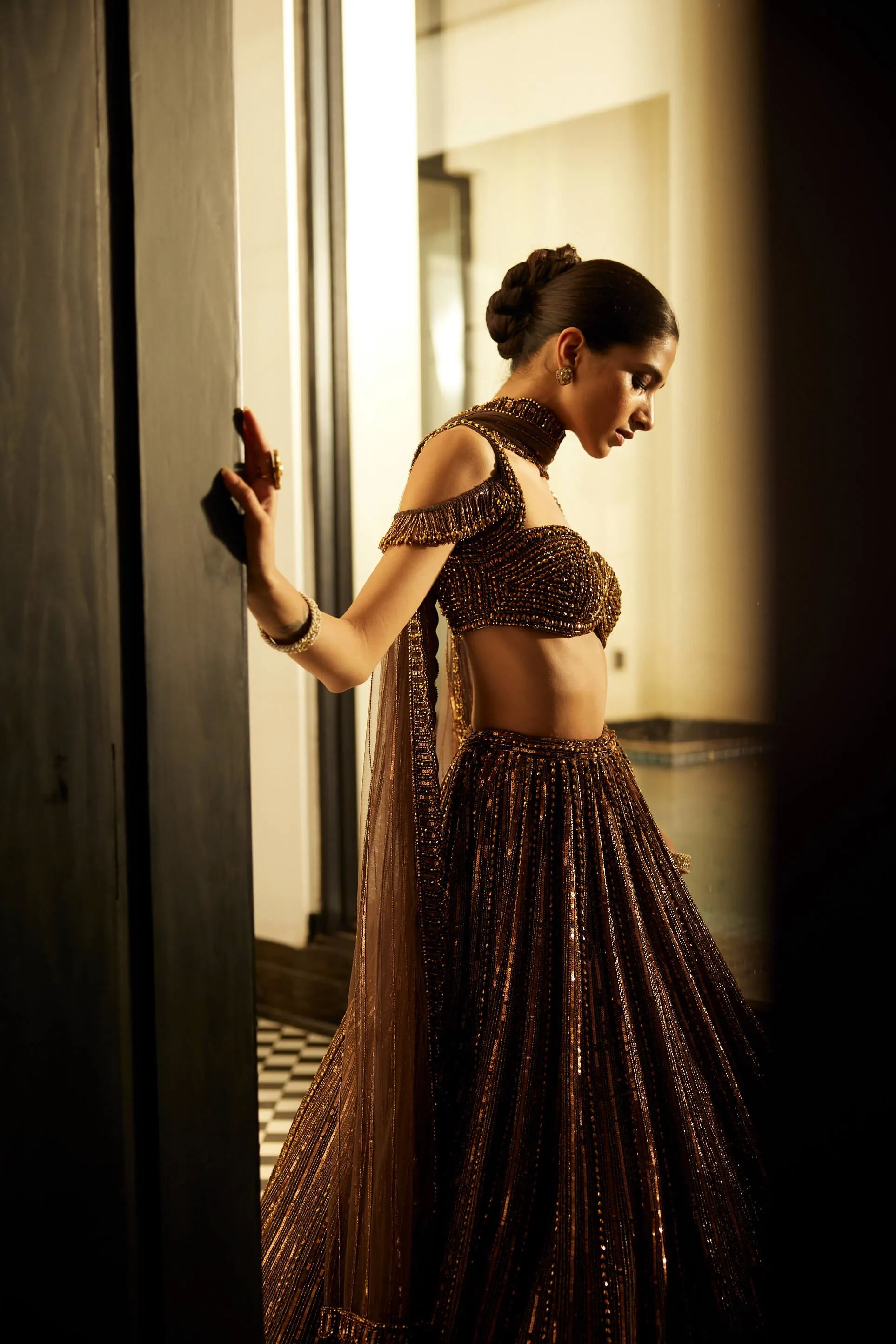 Copper crystal linear embroidered lehenga set
