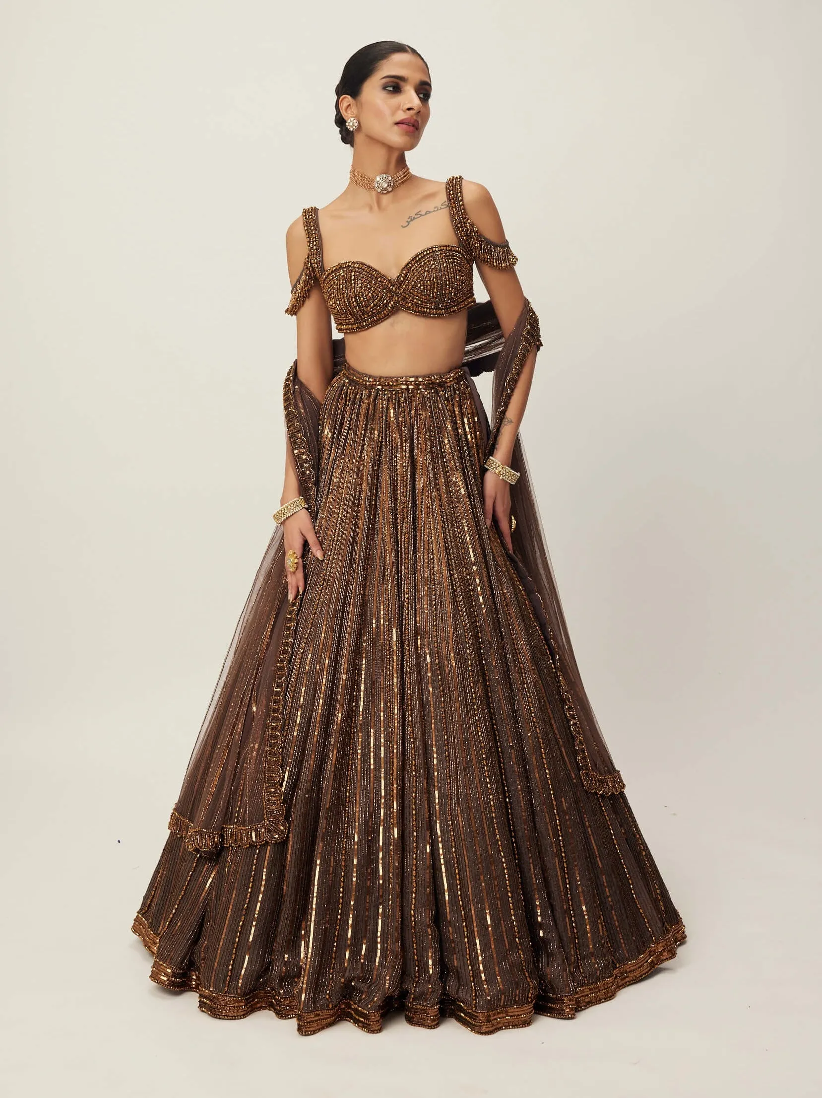 Copper crystal linear embroidered lehenga set