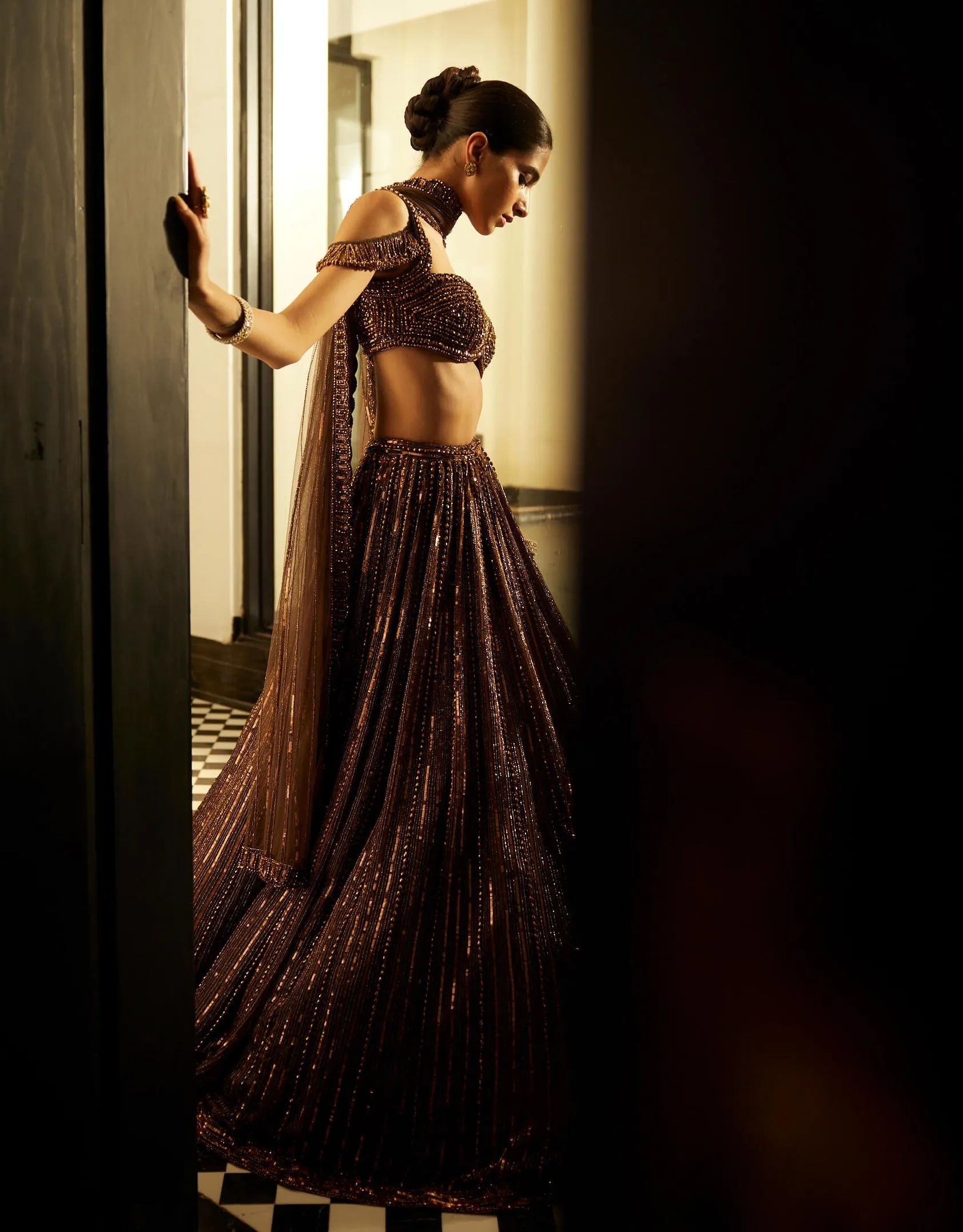 Copper crystal linear embroidered lehenga set