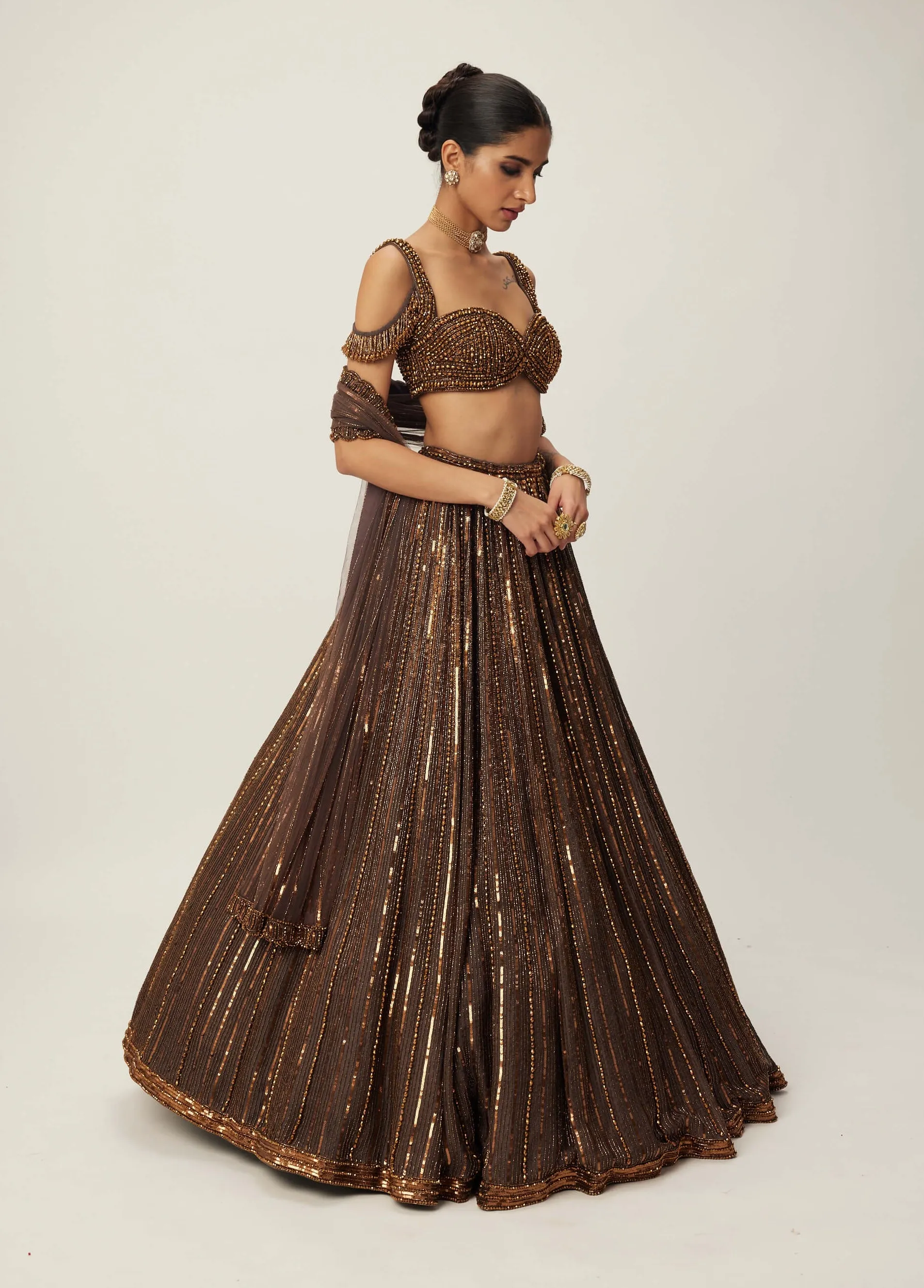 Copper crystal linear embroidered lehenga set