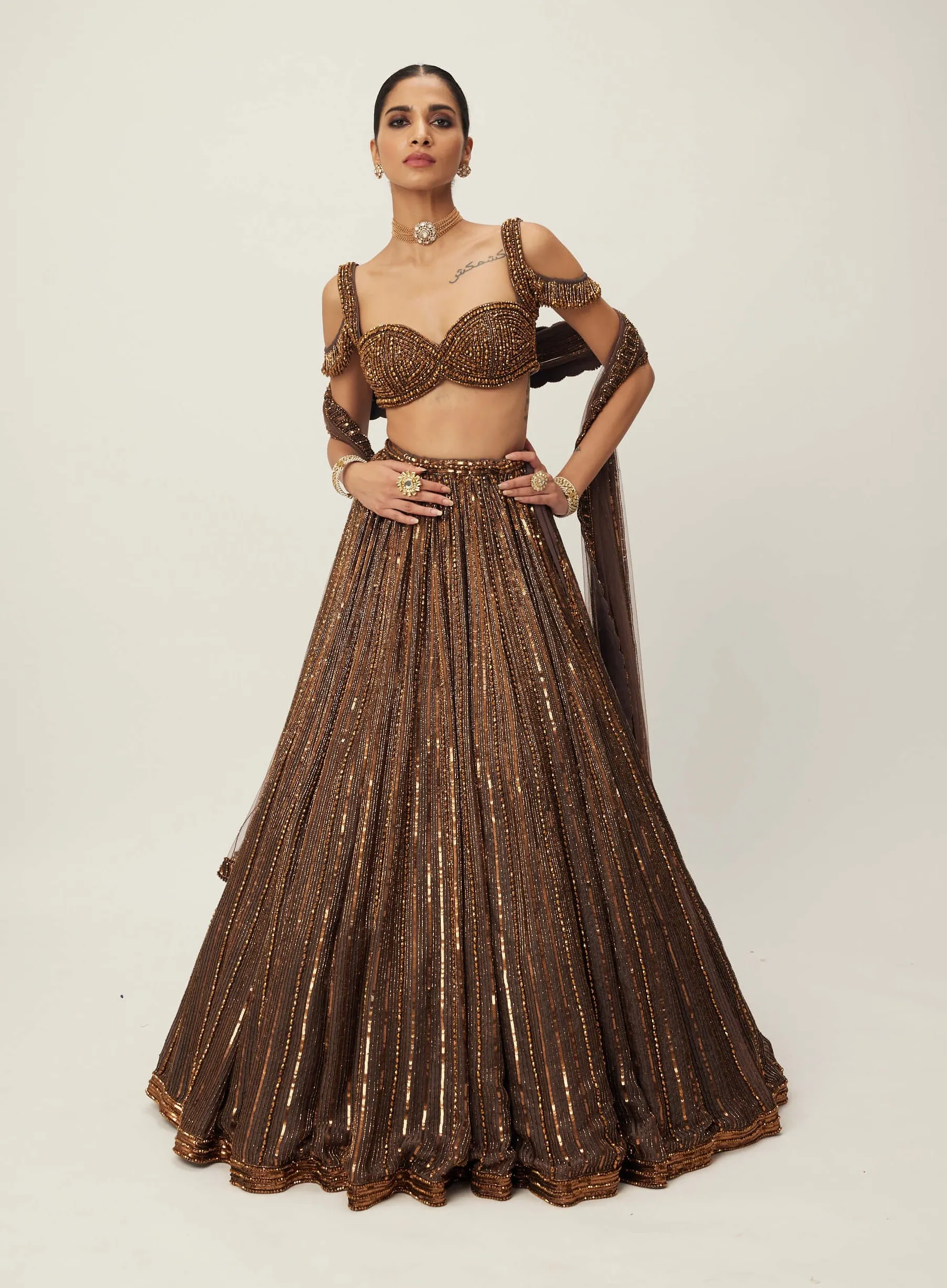 Copper crystal linear embroidered lehenga set