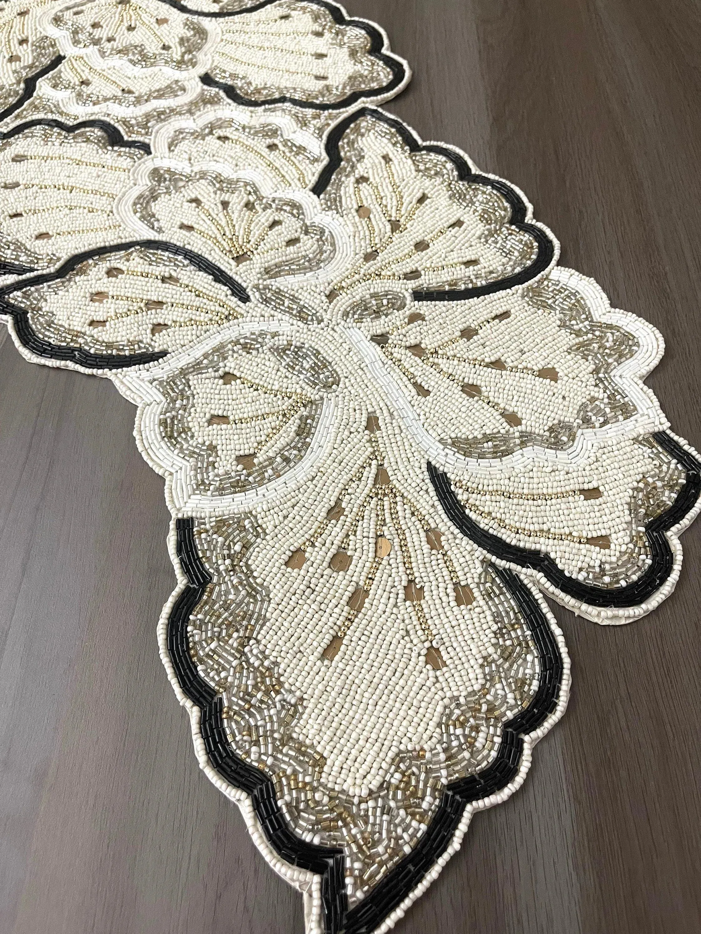 Cream Gold Floral Beaded Table Runner
