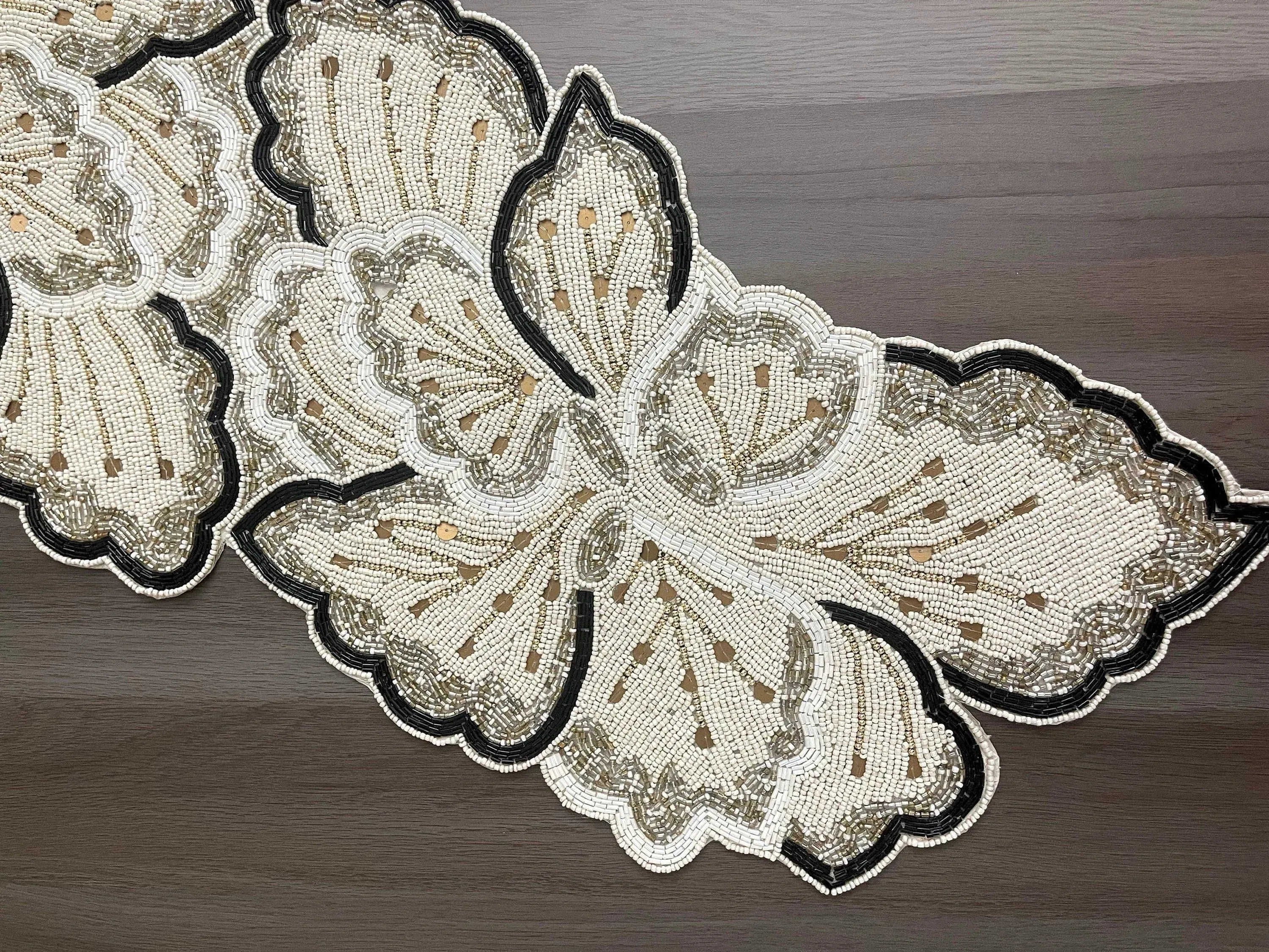 Cream Gold Floral Beaded Table Runner